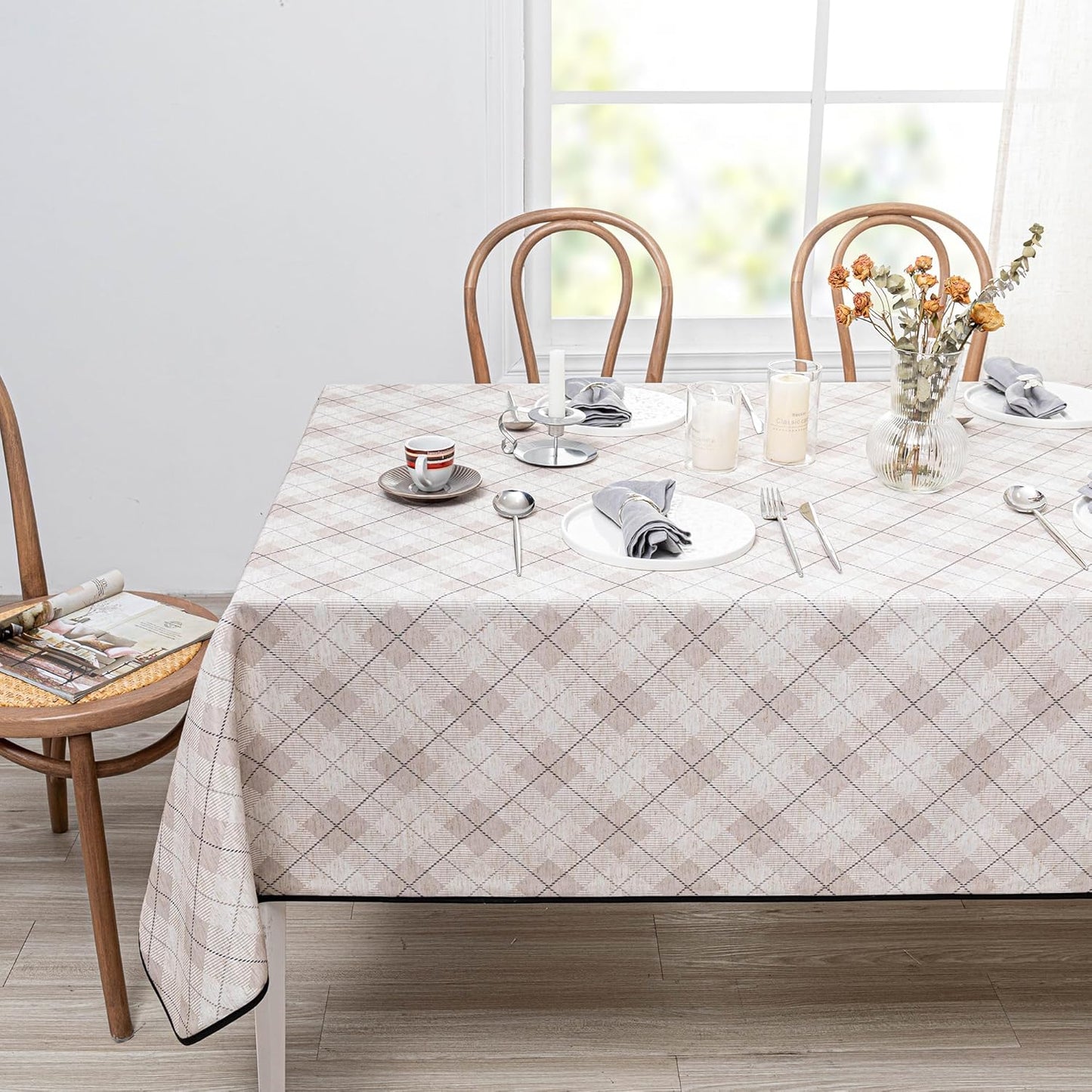 MYSKY HOME Table Cloth 60x84 in Rectangle Table, Heavy Duty Cotton Tassel Linen Look Waterproof Tablecloths Farmhouse Tablecloth, Wrinkle Free Table Cover with Beige Tassels for Kitchen Dining, Party