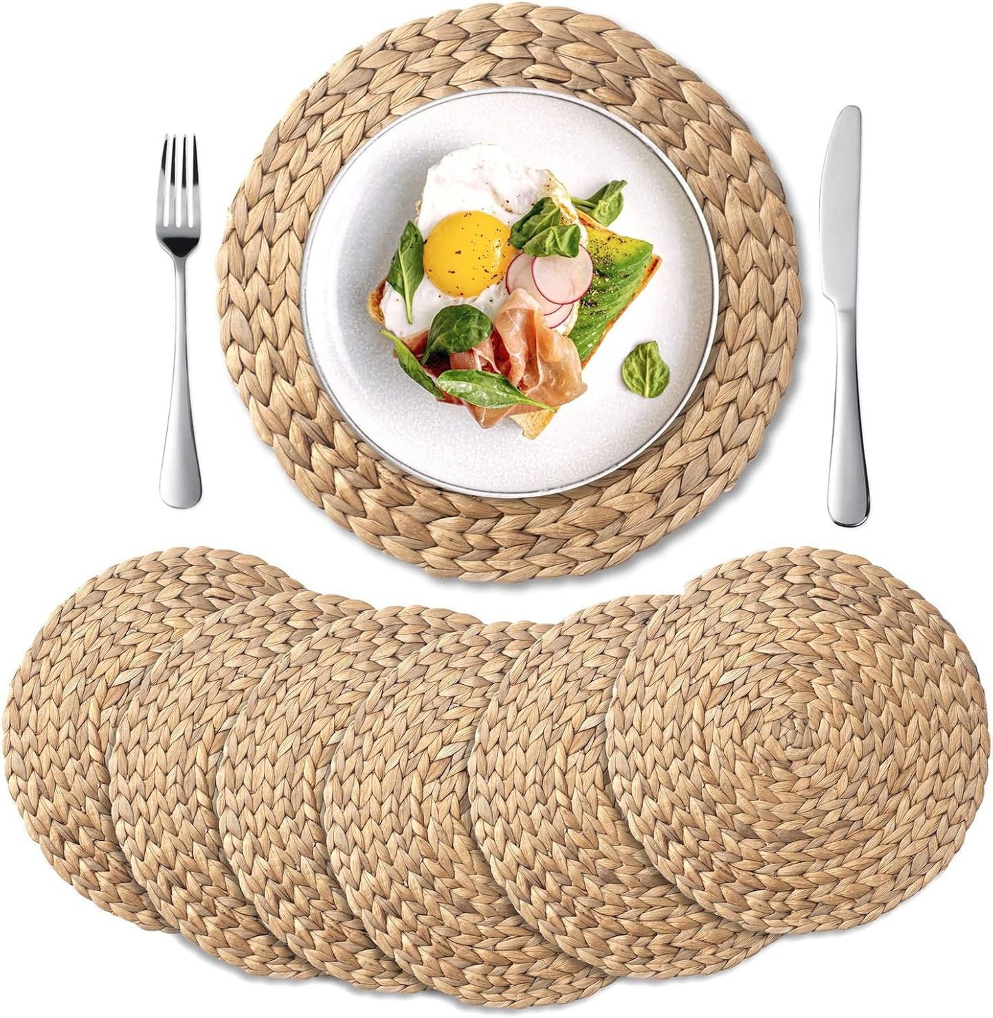6 Pack, Round Woven Placemats, Natural Water Hyacinth Wicker Place mats, Braided Straw Table Mats for Dining Table, Fall, Halloween, Thanksgiving, Chrismats (13.8 inch)