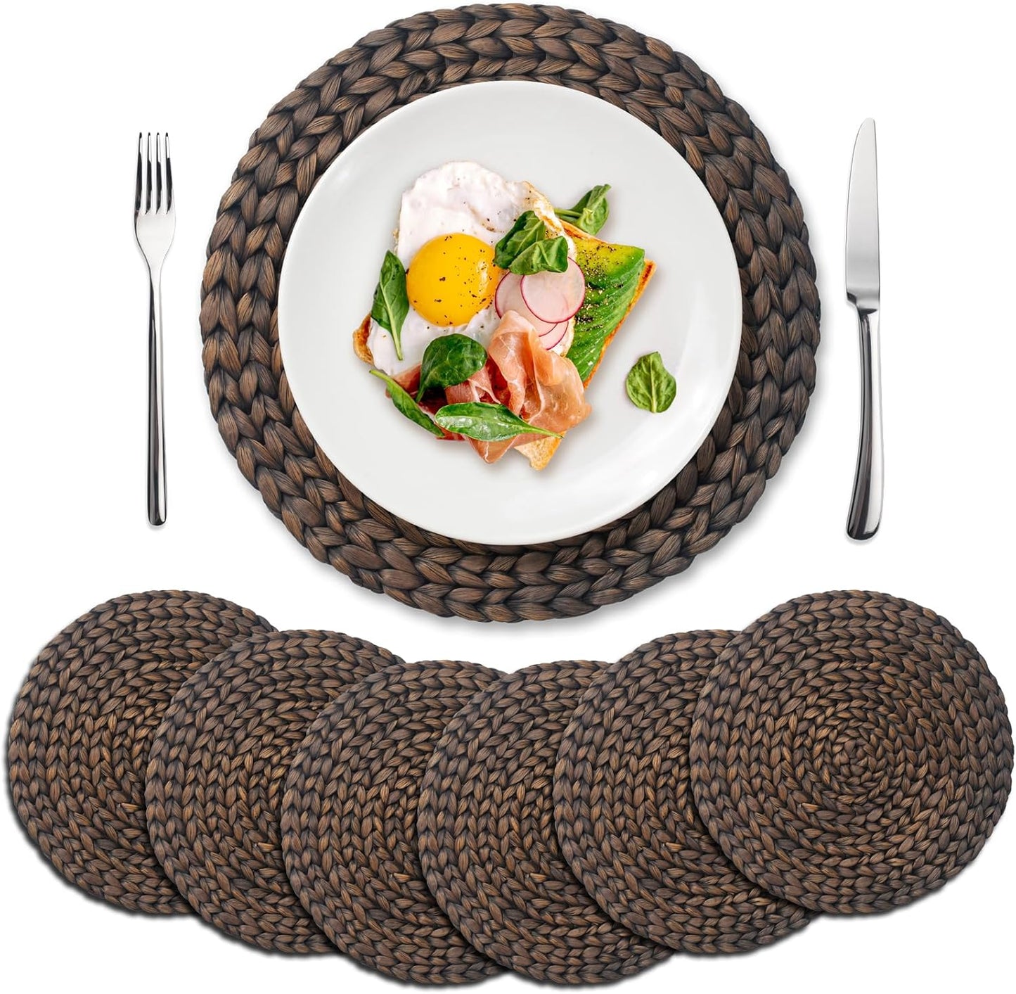 6 Pack, Round Woven Placemats, Natural Water Hyacinth Wicker Place mats, Braided Straw Table Mats for Dining Table, Fall, Halloween, Thanksgiving, Chrismats, Black (13.8 inch)