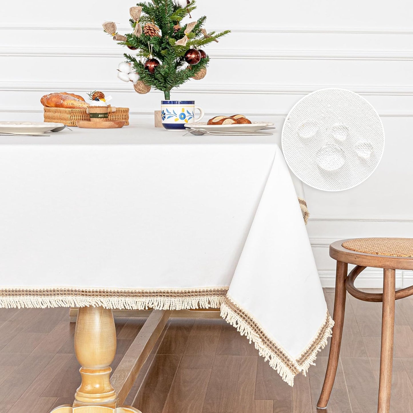 MYSKY HOME Table Cloth 60x84 in Rectangle Table, Heavy Duty Cotton Tassel Linen Look Waterproof Tablecloths Farmhouse Tablecloth, Wrinkle Free Table Cover with Beige Tassels for Kitchen Dining, Party