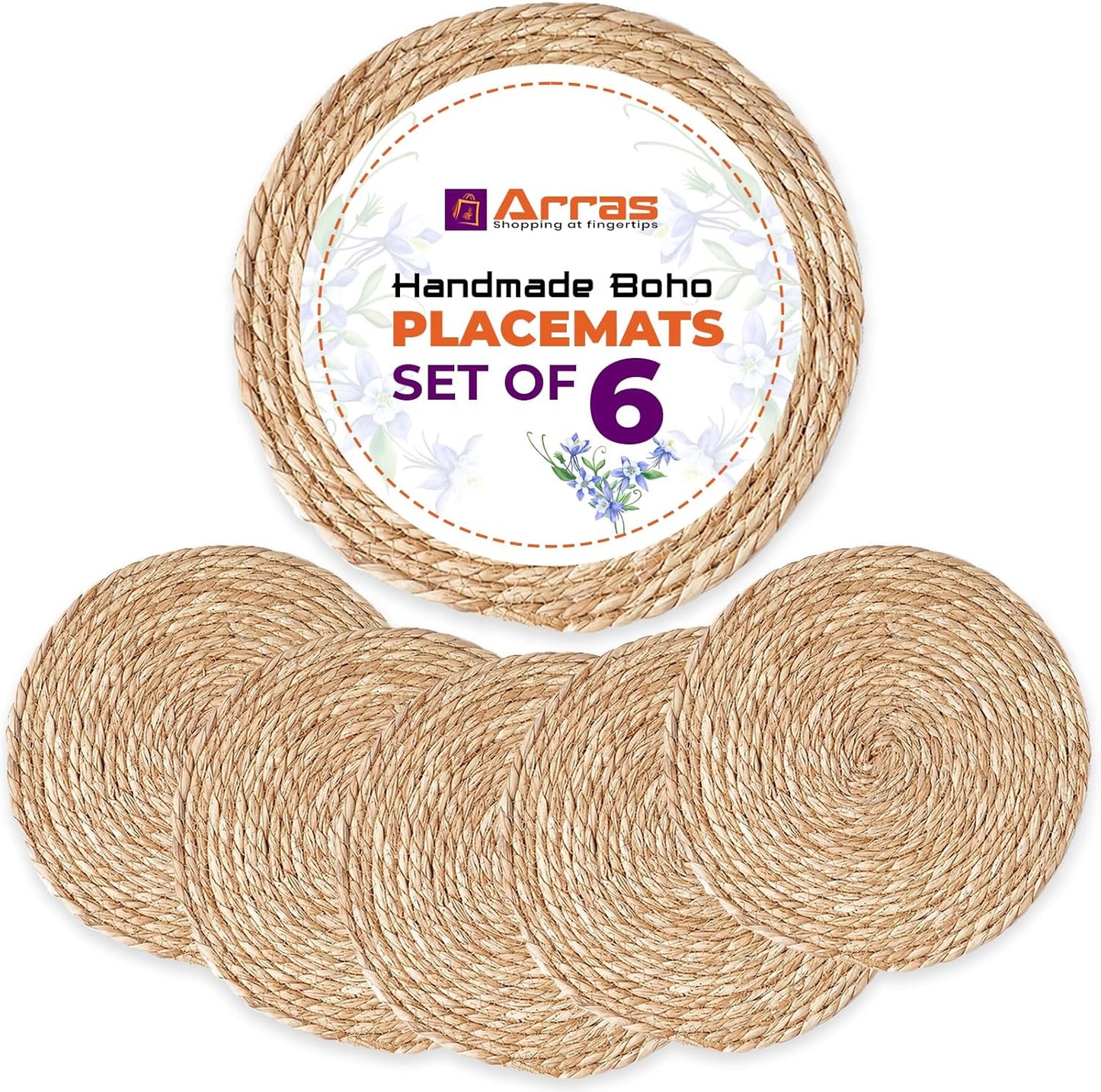ARRAS 6 Pack Woven Round Rattan Placemats I 12" Natural Water Hyacinth Wicker Placemats I Rustic Boho Braided Wicker Table Mats I Heat Resistant Woven Placemat I Ideal for Dining, Kitchen, Home Decor