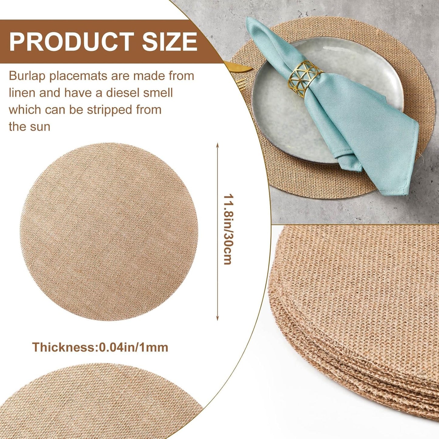 Mifoci 100 Pieces Fall Burlap Placemats, Burlap Round Reusable Placemats Brown Table Mats Circle Rustic Table Decorations for Wedding Christmas Dinner Holiday Farmhouse Supplies(11.8 Inches)
