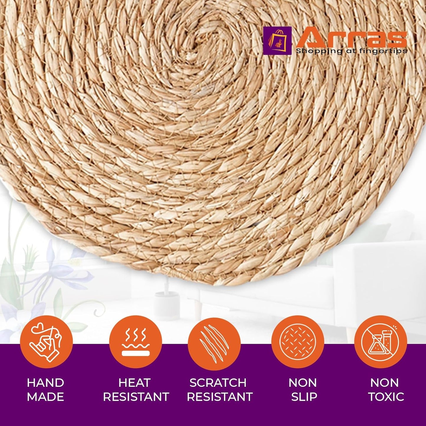 ARRAS 6 Pack Woven Round Rattan Placemats I 12" Natural Water Hyacinth Wicker Placemats I Rustic Boho Braided Wicker Table Mats I Heat Resistant Woven Placemat I Ideal for Dining, Kitchen, Home Decor