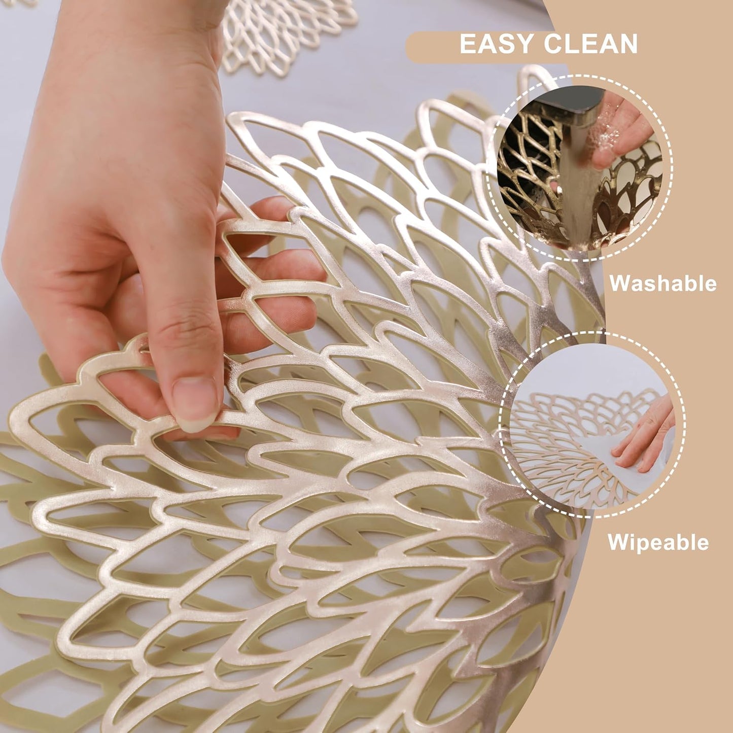 Snowkingdom Pack of 18 Gold Metallic Round Placemats Bulk Round Pressed Vinyl Leaf Dinning Kitchen Table Mats Decoration for Christmas Wedding Thanksgiving Party