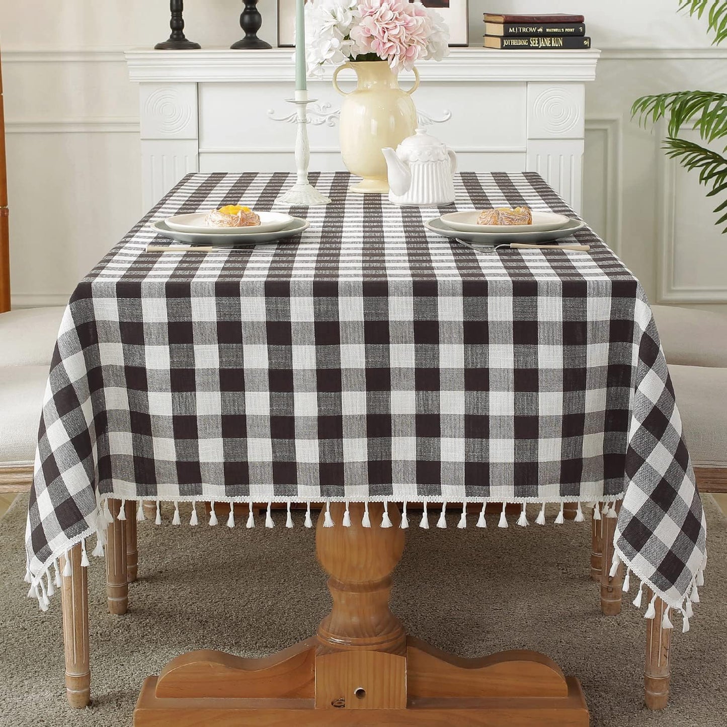 Laolitou Beige Checkered Round Tablecloth Washable Buffalo Plaid Table Cloth with Tassel Cotton Linen Gingham Table Cover for Dining Room, Beige, Round, 60", 2-4 Seats
