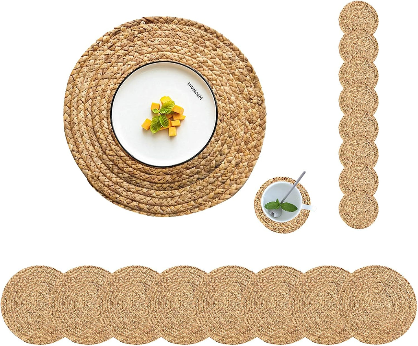 Round Placemats Set of 8 Natural Woven Rattan Placemats, Braided Boho Farmhouse Place Mats Heat Resistant Dining Table Mats Straw Placemat Wicker Outdoor Placemat for Patio Table 13.4''