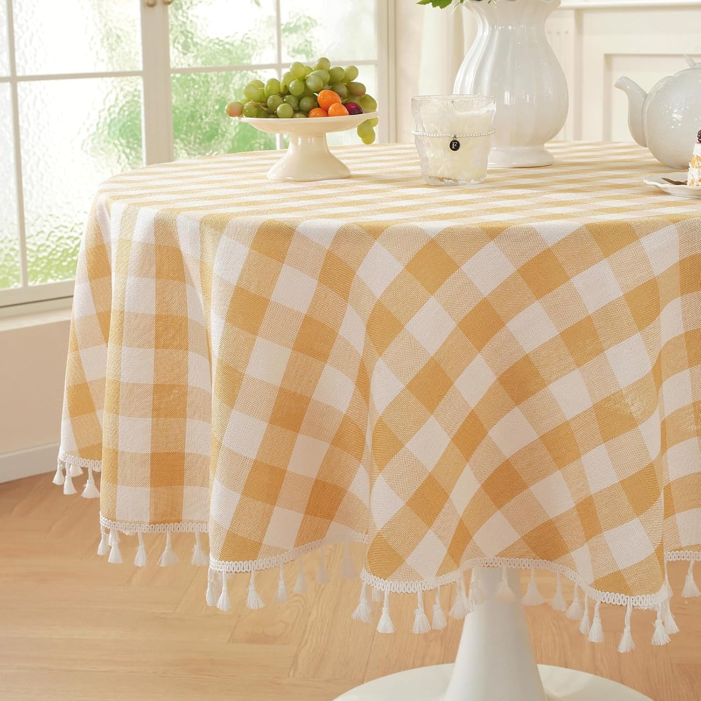Laolitou Beige Checkered Round Tablecloth Washable Buffalo Plaid Table Cloth with Tassel Cotton Linen Gingham Table Cover for Dining Room, Beige, Round, 60", 2-4 Seats