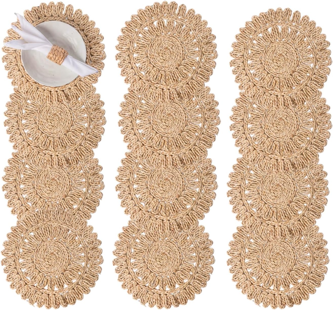 13.8" Round Corn Husk Placemats Set of 6 | Boho Wicker Rattan Woven Table Mats | Farmhouse Spring Plate Chargers Like Seagrass, Water Hyacinth for Christmas, Party, Wedding, Events
