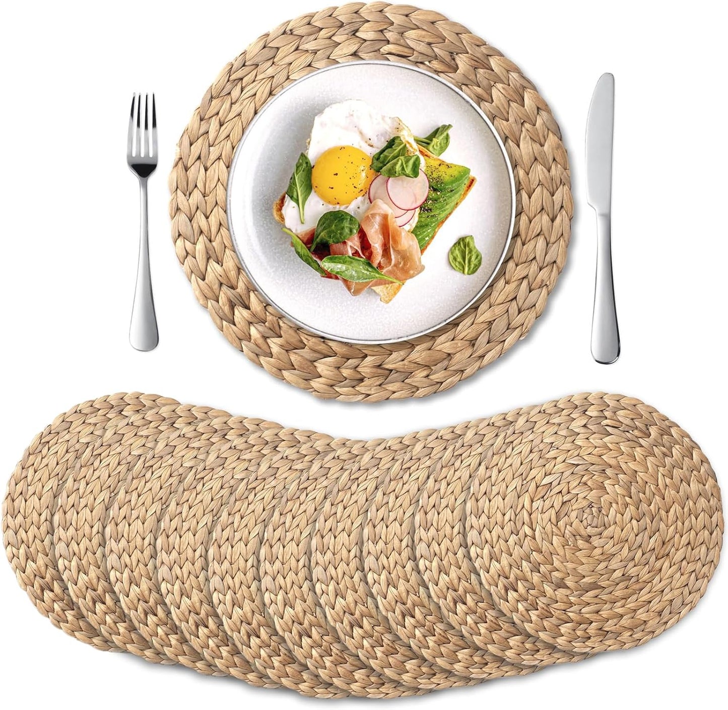 6 Pack, Round Woven Placemats, Natural Water Hyacinth Wicker Place mats, Braided Straw Table Mats for Dining Table, Fall, Halloween, Thanksgiving, Chrismats (13.8 inch)
