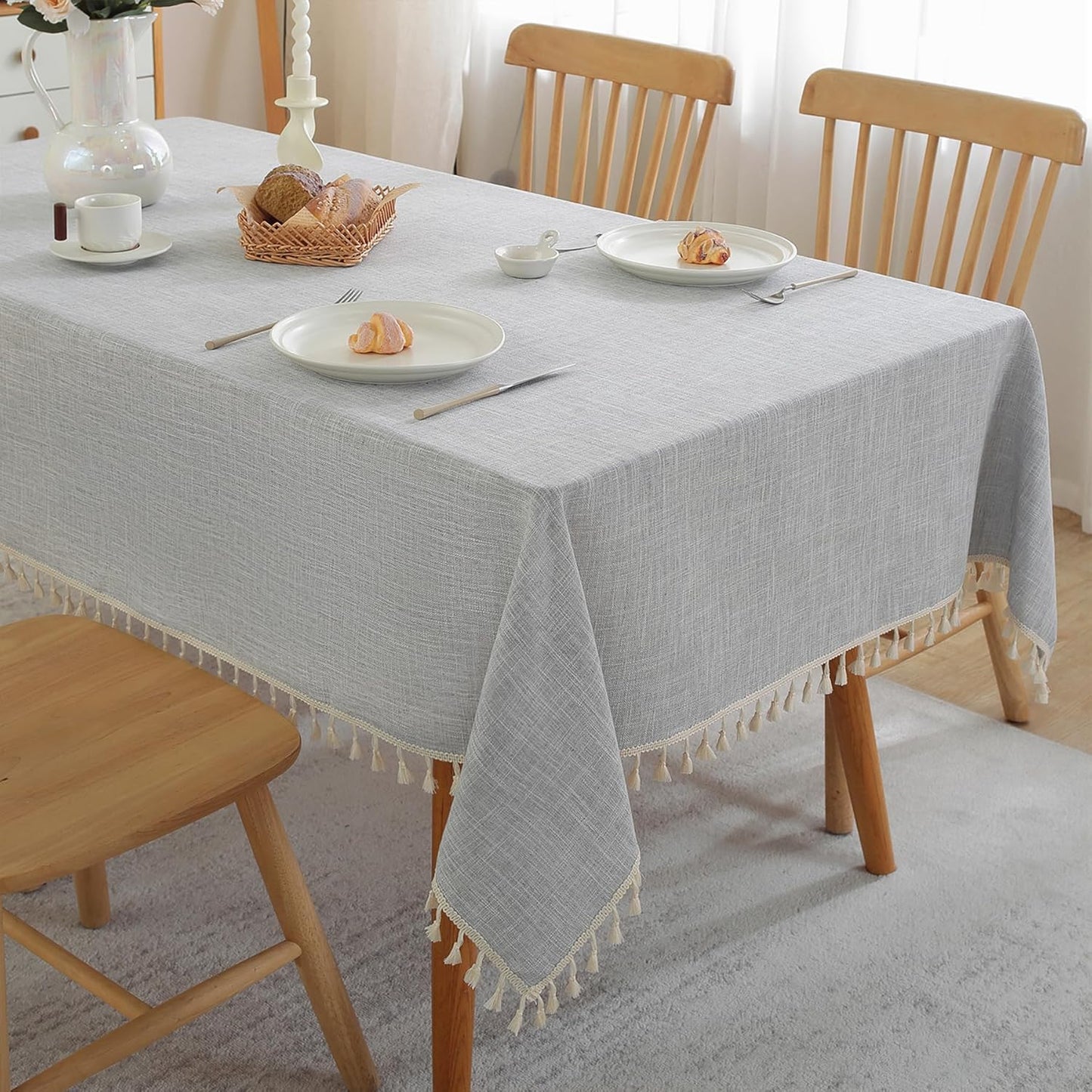 Alsoo Table Cloth Rectangle Table Heavy Duty Cotton Linen Tablecloth Farmhouse Boho Waterproof Wrinkle Free Tables Cover with Tassel for Kitchen Dining Holiday Party, Pink, 55" x 75"