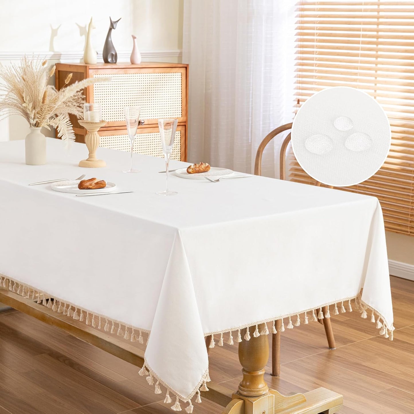 MYSKY HOME Table Cloth 60x84 in Rectangle Table, Heavy Duty Cotton Tassel Linen Look Waterproof Tablecloths Farmhouse Tablecloth, Wrinkle Free Table Cover with Beige Tassels for Kitchen Dining, Party
