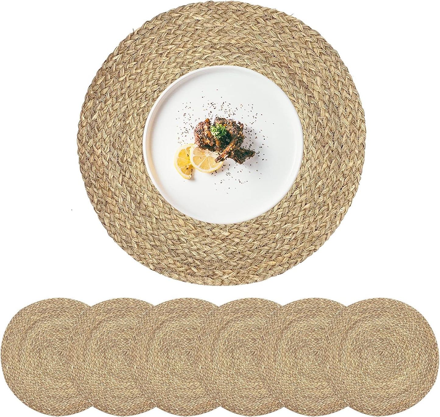 Round Placemats Set of 8 Natural Woven Rattan Placemats, Braided Boho Farmhouse Place Mats Heat Resistant Dining Table Mats Straw Placemat Wicker Outdoor Placemat for Patio Table 13.4''
