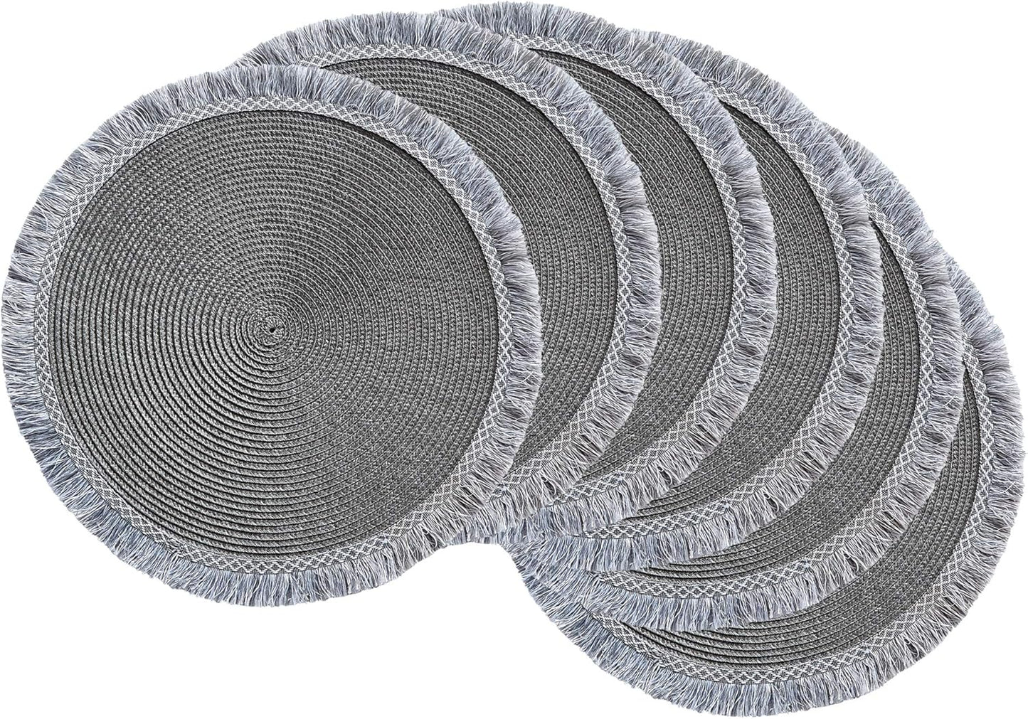 DII Woven Placemat Collection Round, 14.75" Diameter, Nautical Blue Fringe, 6 Piece
