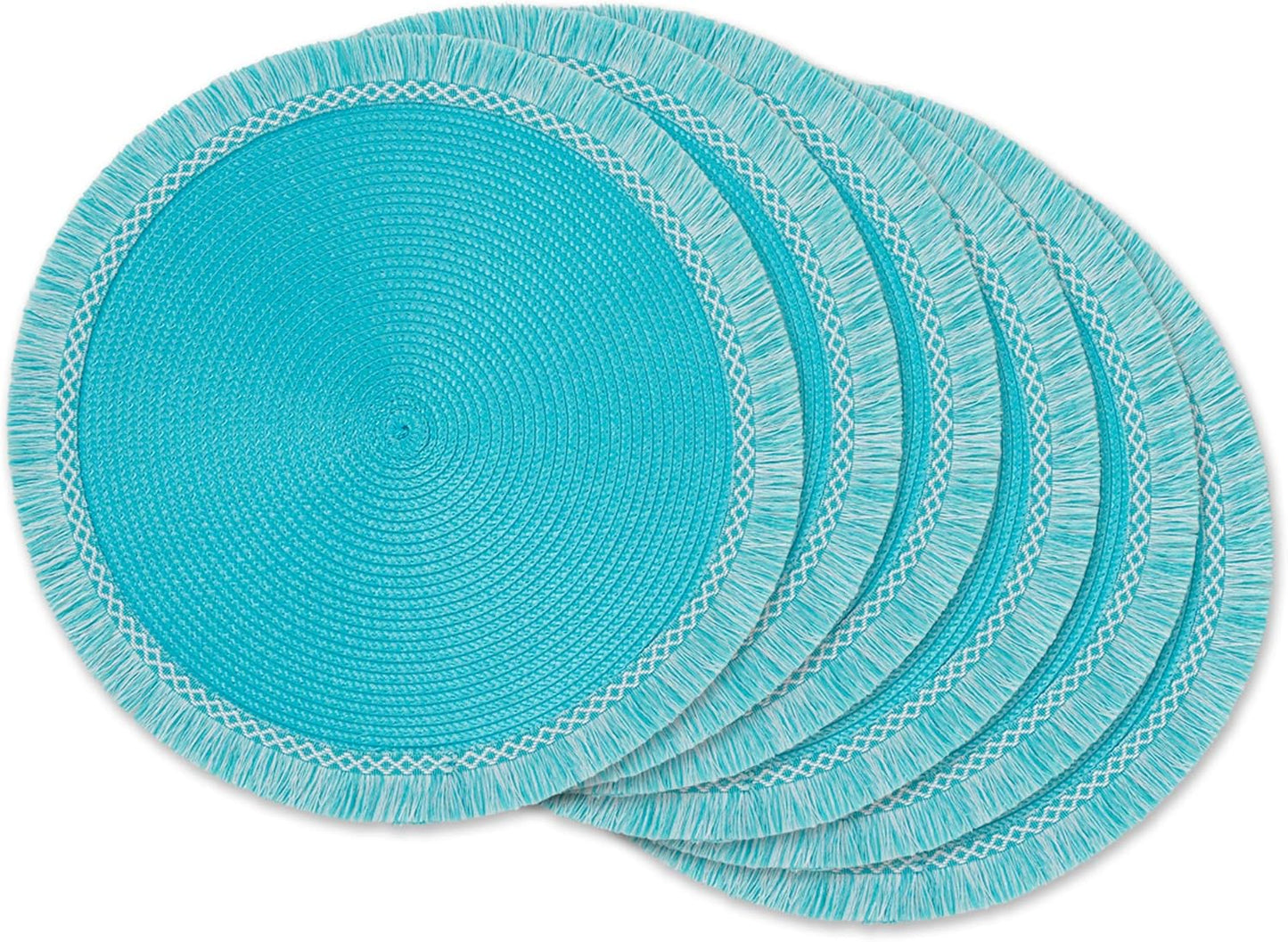 DII Woven Placemat Collection Round, 14.75" Diameter, Nautical Blue Fringe, 6 Piece