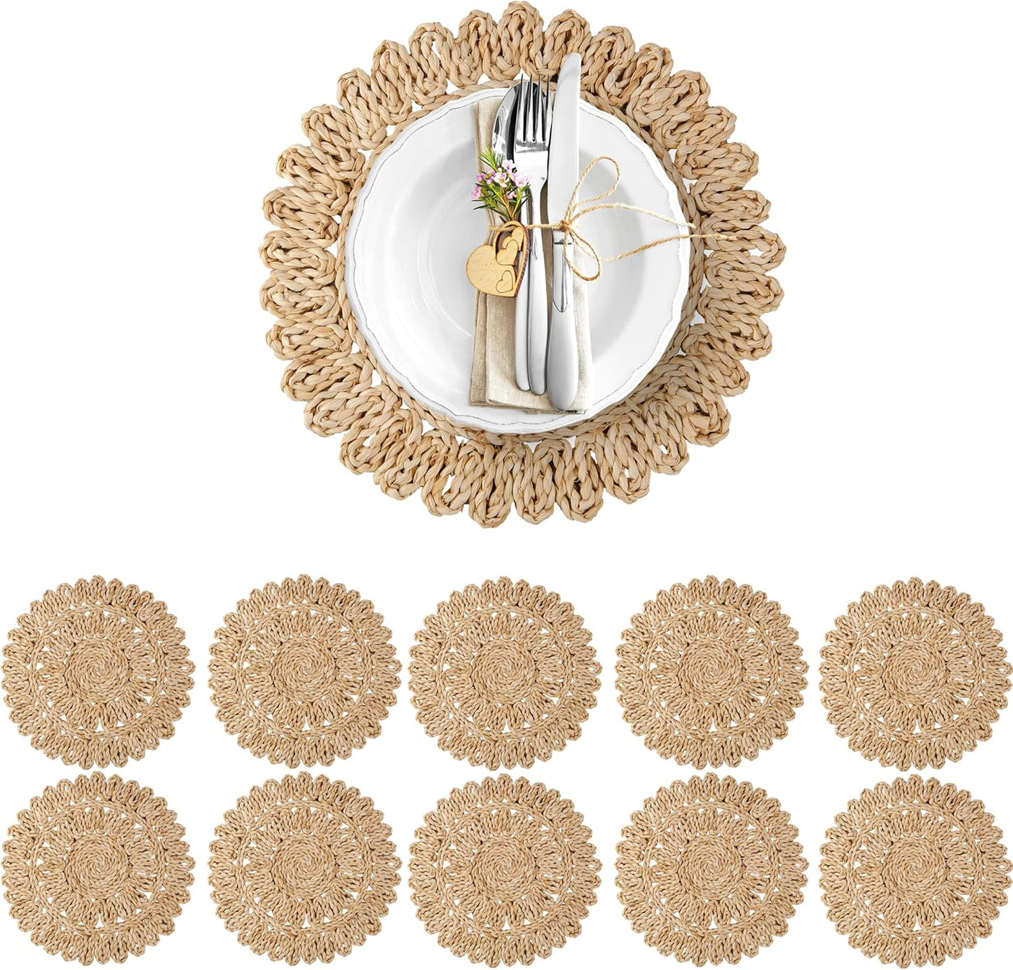 13.8" Corn Husk Woven Round Placemats Set of 6 - Wicker Boho Farmhouse Placemats - Rattan Table Mats for Dining Table, Wedding, Home