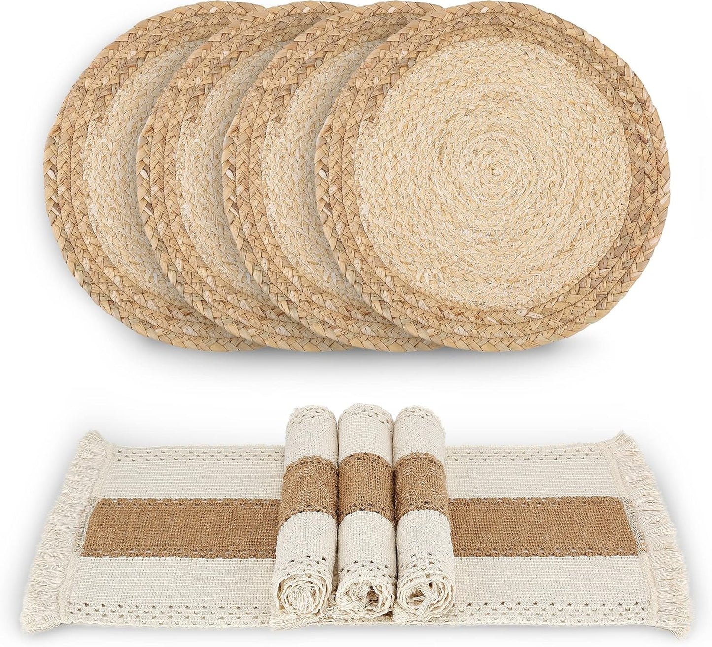 Handmade Boho Placemats Set of 6 - Natural Cotton Burlap and Water Straw Woven Combination Table Mats, Macrame Décor and Farmhouse Style Placemats, for Dining Table Kitchen