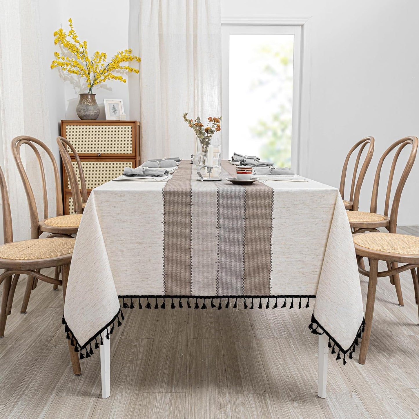 MYSKY HOME Table Cloth 60x84 in Rectangle Table, Heavy Duty Cotton Tassel Linen Look Waterproof Tablecloths Farmhouse Tablecloth, Wrinkle Free Table Cover with Beige Tassels for Kitchen Dining, Party