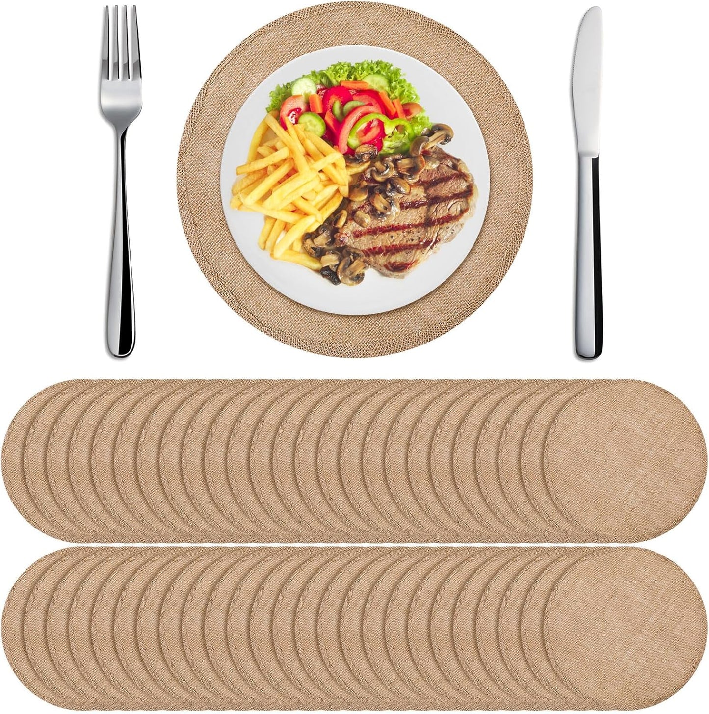 Yunlly Set of 48 Burlap Round Placemats Bulk Burlap Circle Rustic Table Decorations Jute Farmhouse Placemats Heat Resistant Round Table Mats Charger Place Mats for Christmas(11.8 in,Brown)
