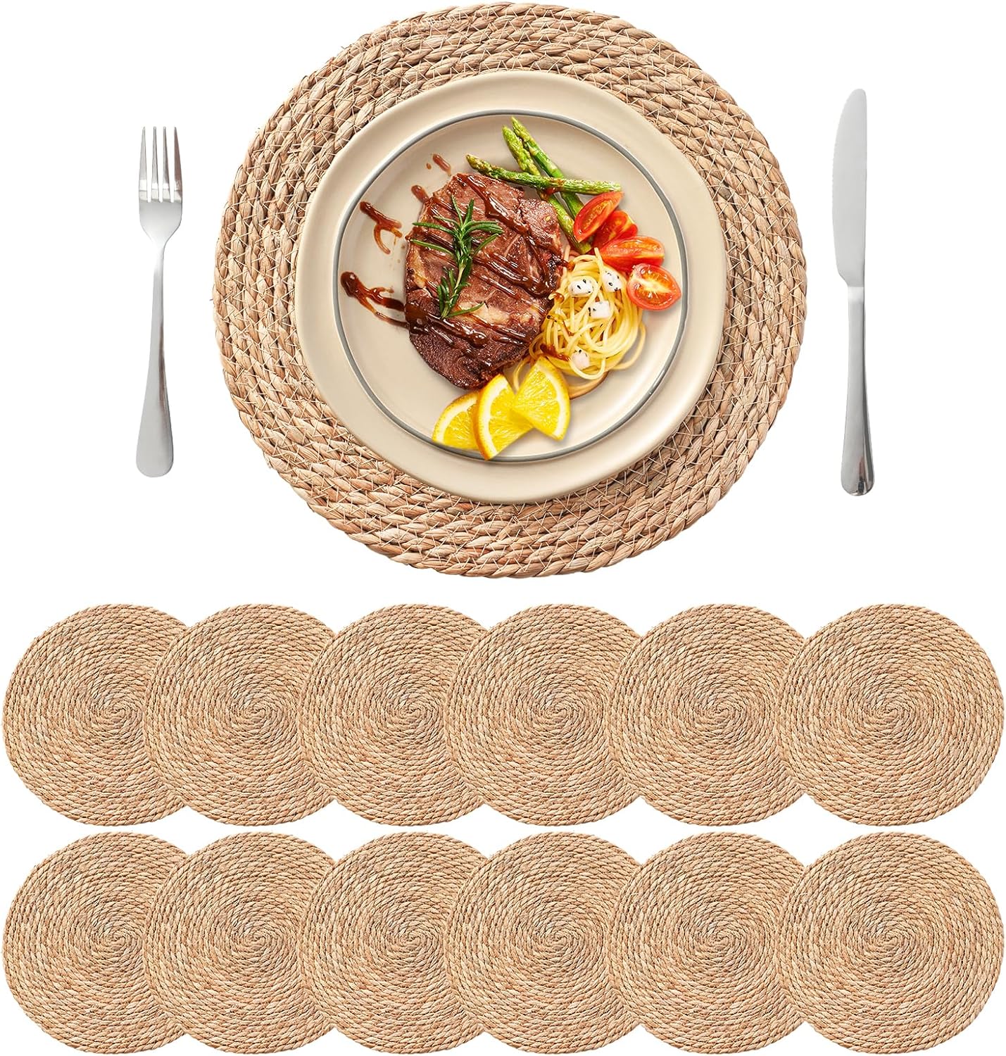 13.5'' Round Woven Placemats Set of 12, Boho Rattan Chargers for Dinner Plates, Rustic Wicker Place Mats, Straw Braided Table Placemats, for Dining Table, Wedding, Farmhouse, Outdoor and Christmas