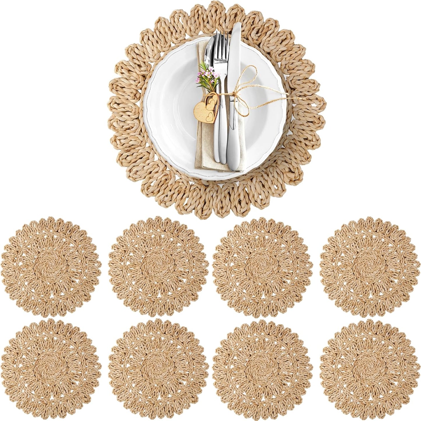 13.8" Corn Husk Woven Round Placemats Set of 6 - Wicker Boho Farmhouse Placemats - Rattan Table Mats for Dining Table, Wedding, Home