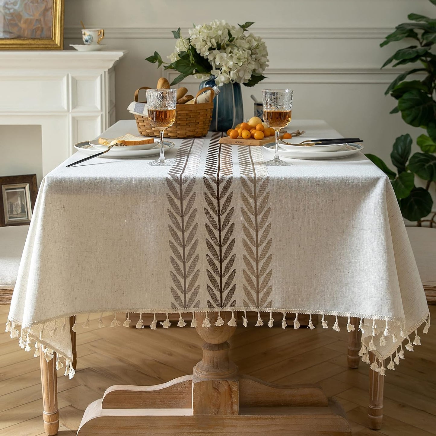 Oubonun Cotton Linen Rectangular Tablecloth - Wrinkle Resistant & Waterproof - Machine Washable Table Cloth with Tassels for Kitchen & Dining, 55''x86'', 6-8 Seats, Grey