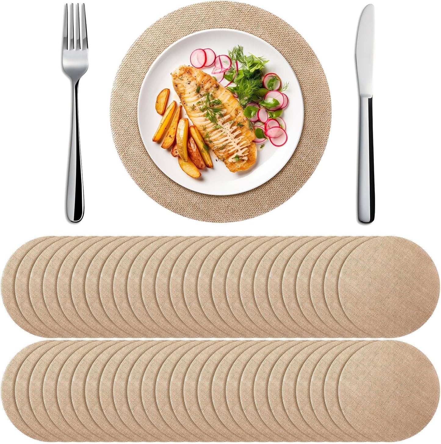 Mifoci 100 Pieces Fall Burlap Placemats, Burlap Round Reusable Placemats Brown Table Mats Circle Rustic Table Decorations for Wedding Christmas Dinner Holiday Farmhouse Supplies(11.8 Inches)