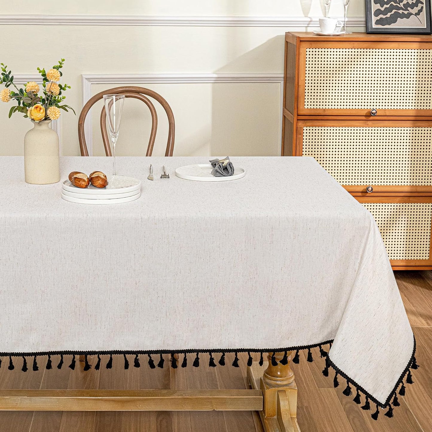 MYSKY HOME Table Cloth 60x84 in Rectangle Table, Heavy Duty Cotton Tassel Linen Look Waterproof Tablecloths Farmhouse Tablecloth, Wrinkle Free Table Cover with Beige Tassels for Kitchen Dining, Party