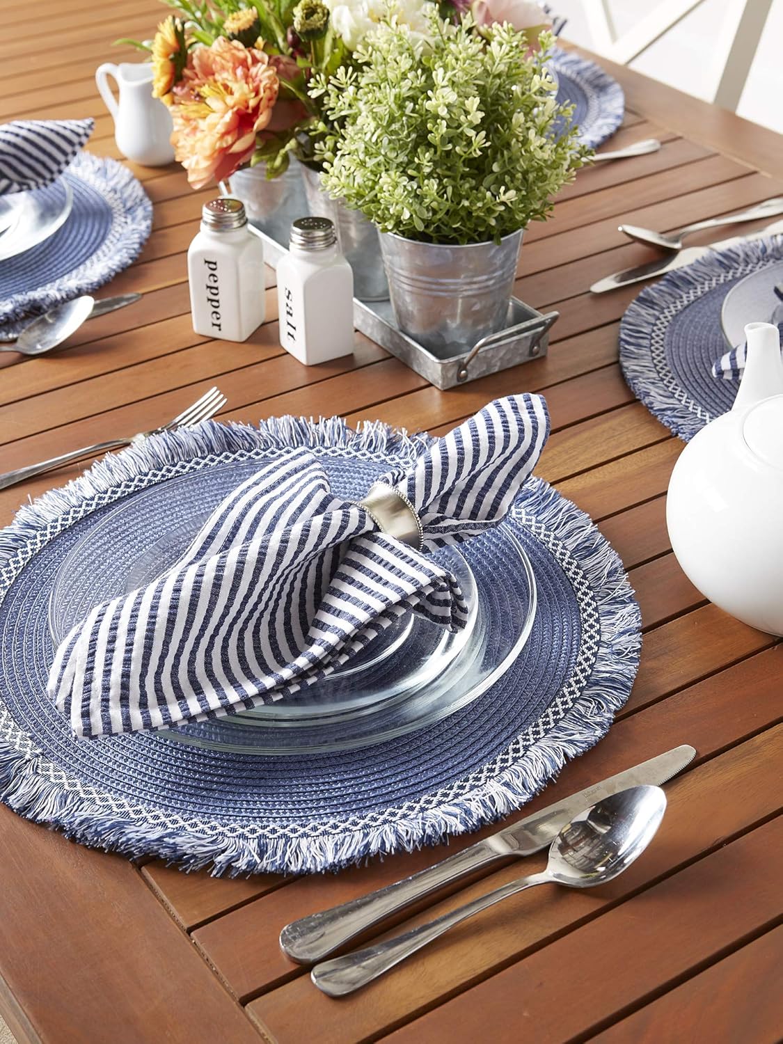 DII Woven Placemat Collection Round, 14.75" Diameter, Nautical Blue Fringe, 6 Piece