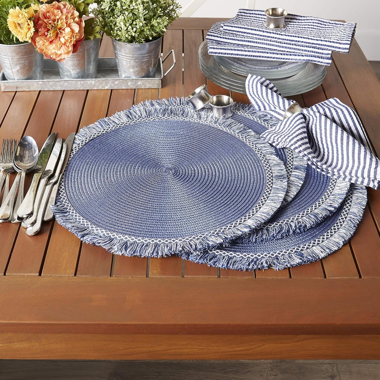 DII Woven Placemat Collection Round, 14.75" Diameter, Nautical Blue Fringe, 6 Piece