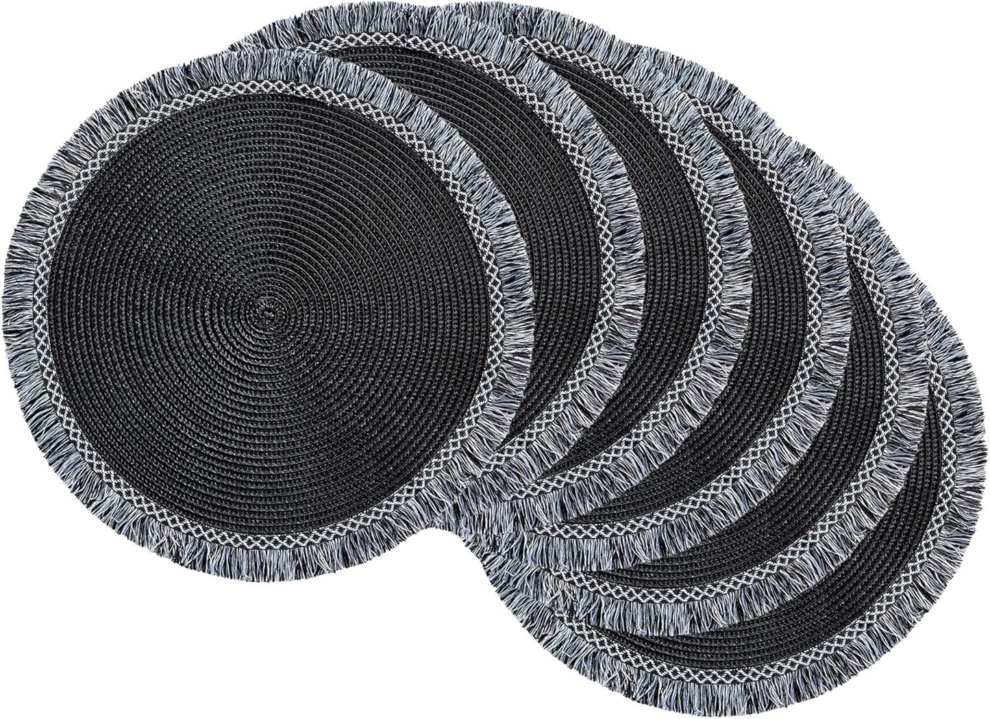 DII Woven Placemat Collection Round, 14.75" Diameter, Nautical Blue Fringe, 6 Piece