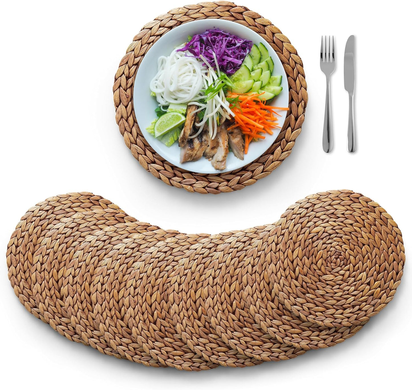 (Sizes:11.8"-13.5''-15") BLUEWEST Woven Placemats (Set of 10), Round Rattan Water Hyacinth Table Mats, Braided Durable & Heat-Resistant Design for Dining Table (11.8'')