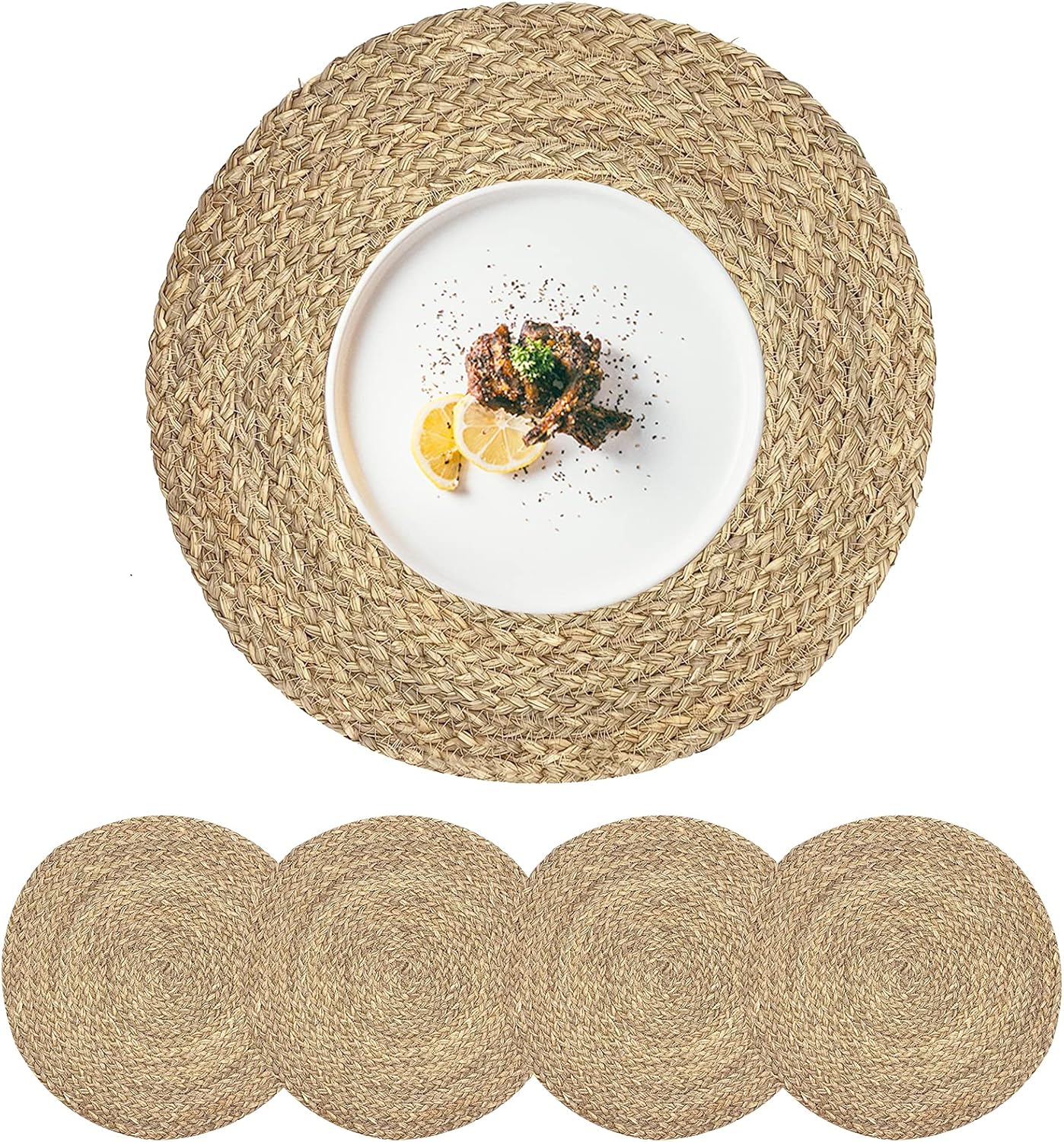 Round Placemats Set of 8 Natural Woven Rattan Placemats, Braided Boho Farmhouse Place Mats Heat Resistant Dining Table Mats Straw Placemat Wicker Outdoor Placemat for Patio Table 13.4''