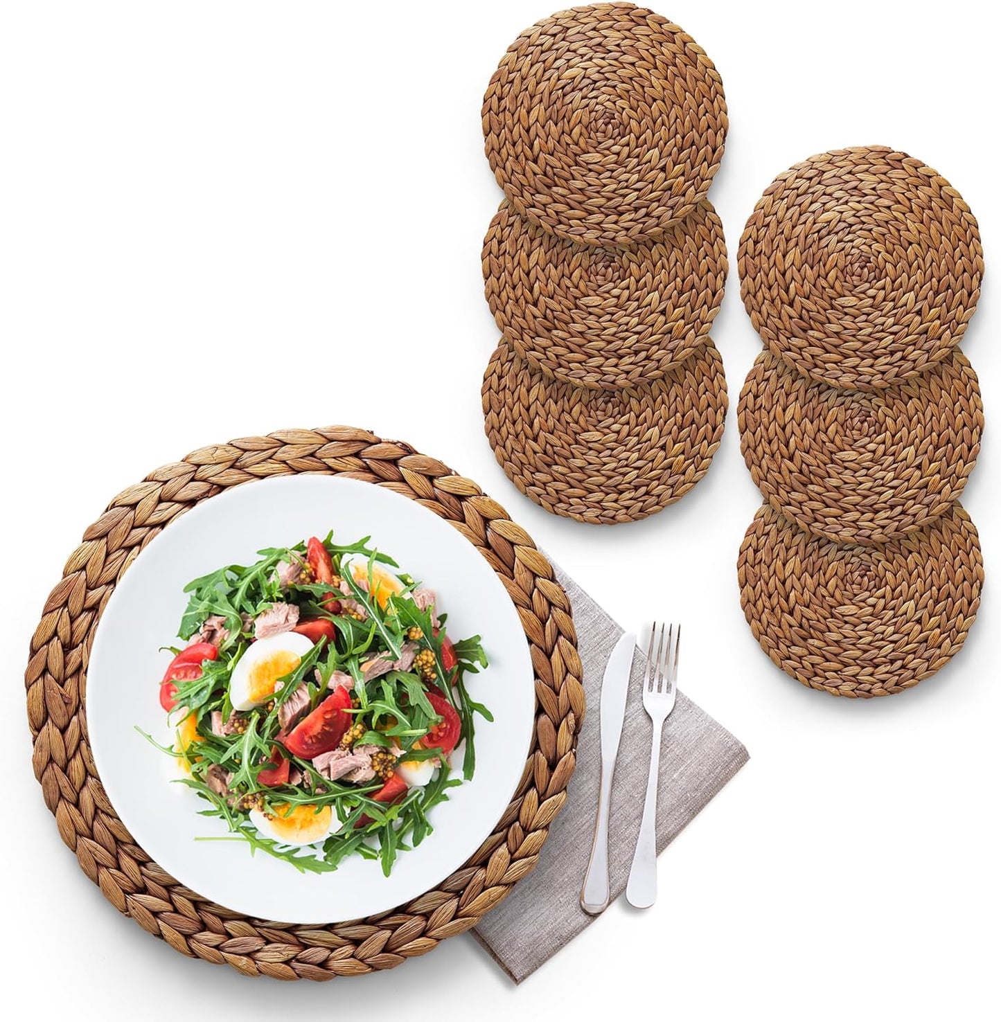 (Sizes:11.8"-13.5''-15") BLUEWEST Woven Placemats (Set of 10), Round Rattan Water Hyacinth Table Mats, Braided Durable & Heat-Resistant Design for Dining Table (11.8'')