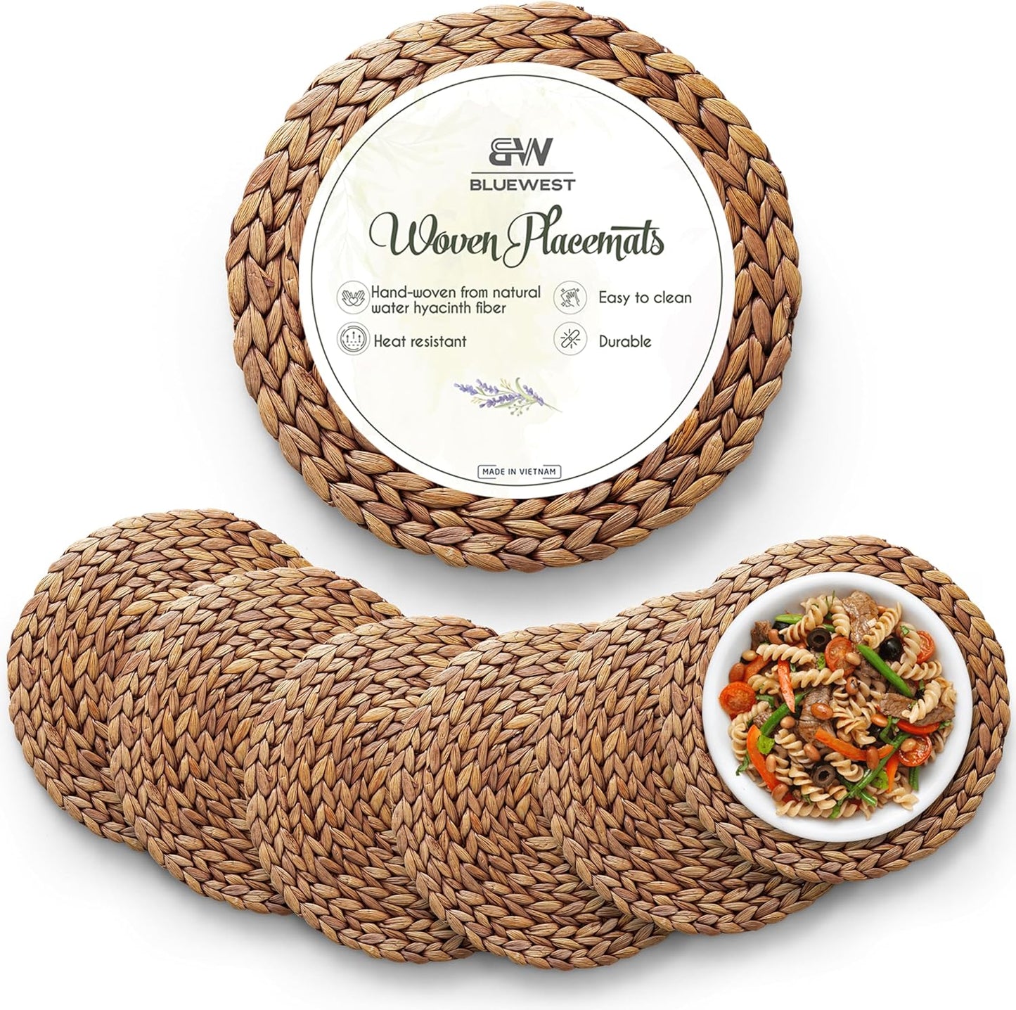 (Sizes:11.8"-13.5''-15") BLUEWEST Woven Placemats (Set of 10), Round Rattan Water Hyacinth Table Mats, Braided Durable & Heat-Resistant Design for Dining Table (11.8'')