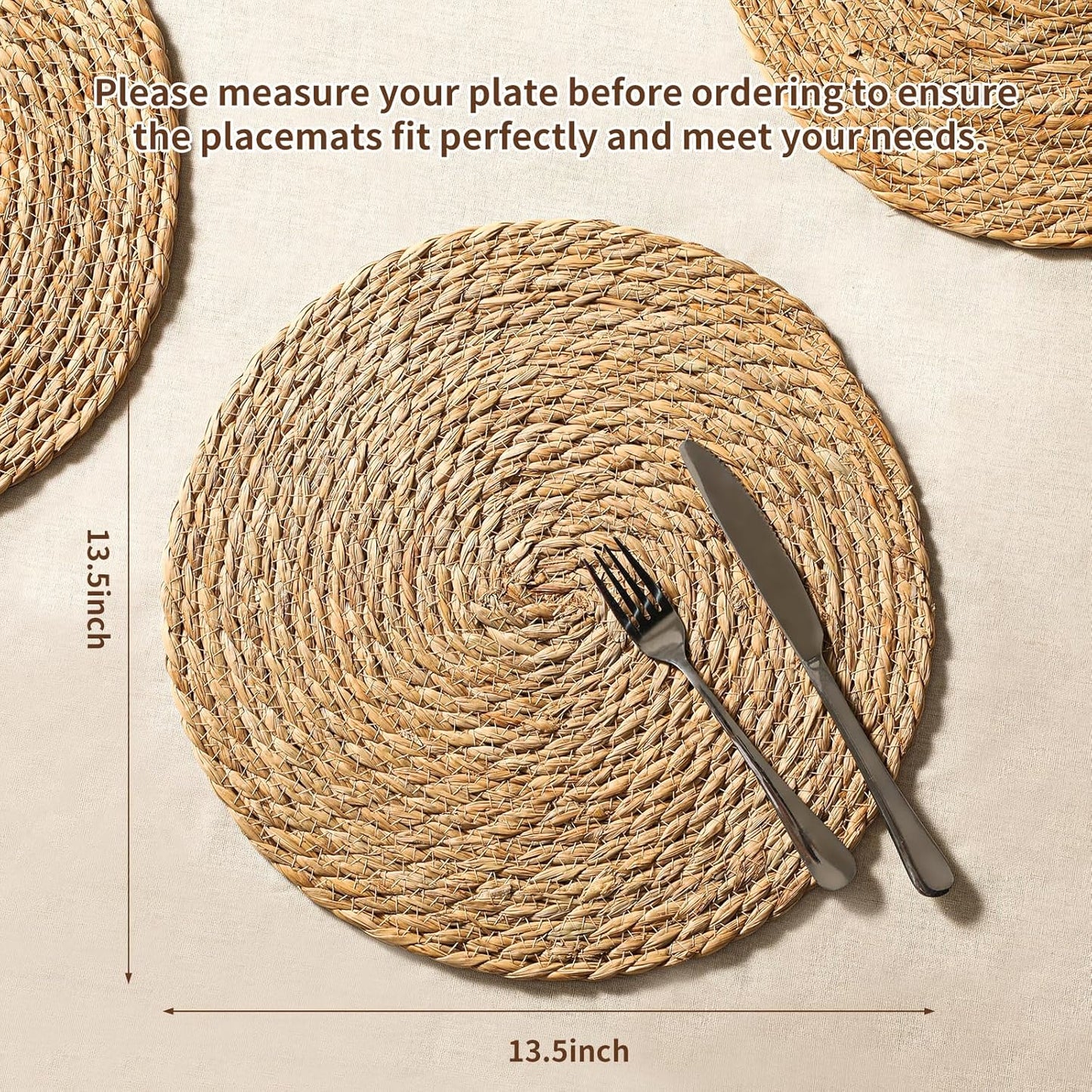 13.5'' Round Woven Placemats Set of 12, Boho Rattan Chargers for Dinner Plates, Rustic Wicker Place Mats, Straw Braided Table Placemats, for Dining Table, Wedding, Farmhouse, Outdoor and Christmas