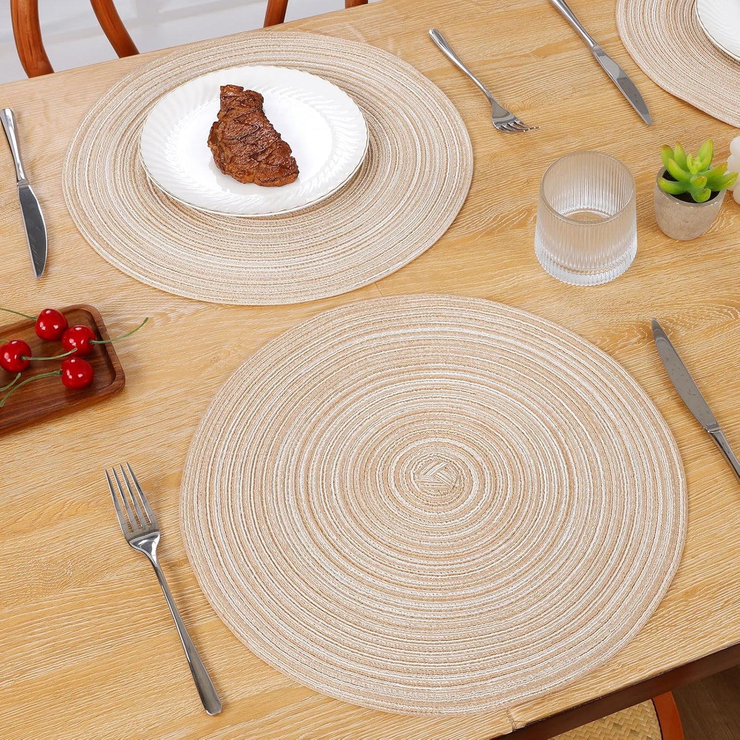 SHACOS 15 inch Beige Round Placemats Set of 12 for Dining Table Woven Braided Circle Place Mats Kitchen Placemat Washable Table Mats