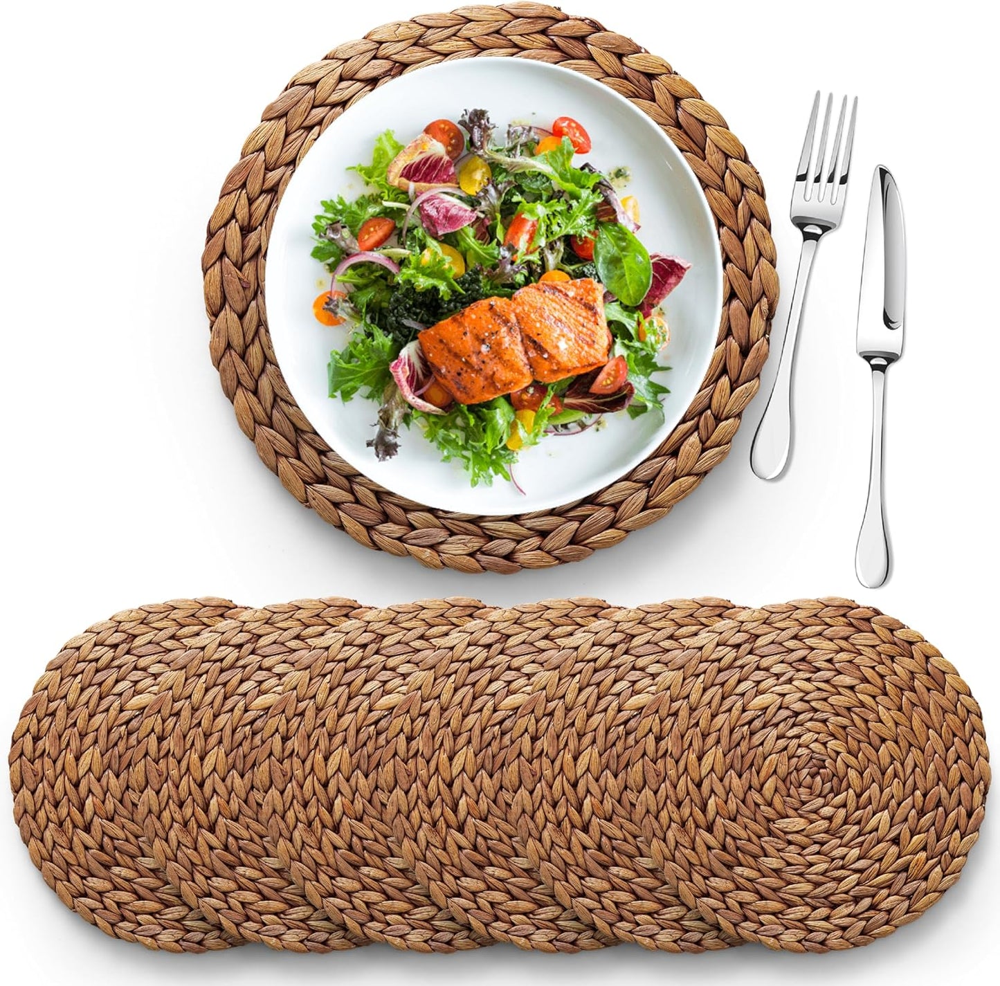 (Sizes:11.8"-13.5''-15") BLUEWEST Woven Placemats (Set of 10), Round Rattan Water Hyacinth Table Mats, Braided Durable & Heat-Resistant Design for Dining Table (11.8'')