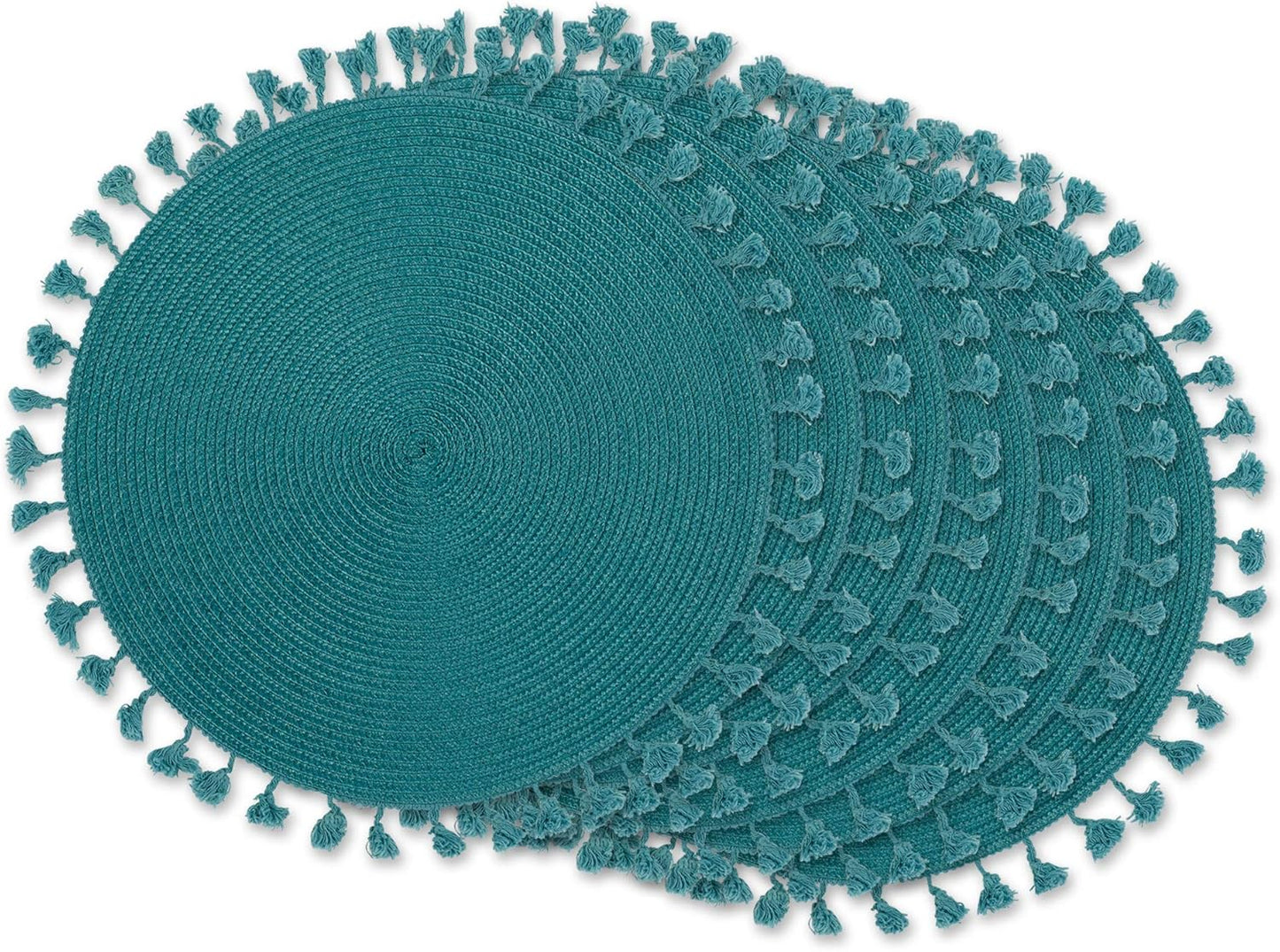 DII Woven Placemat Collection Round, 14.75" Diameter, Nautical Blue Fringe, 6 Piece