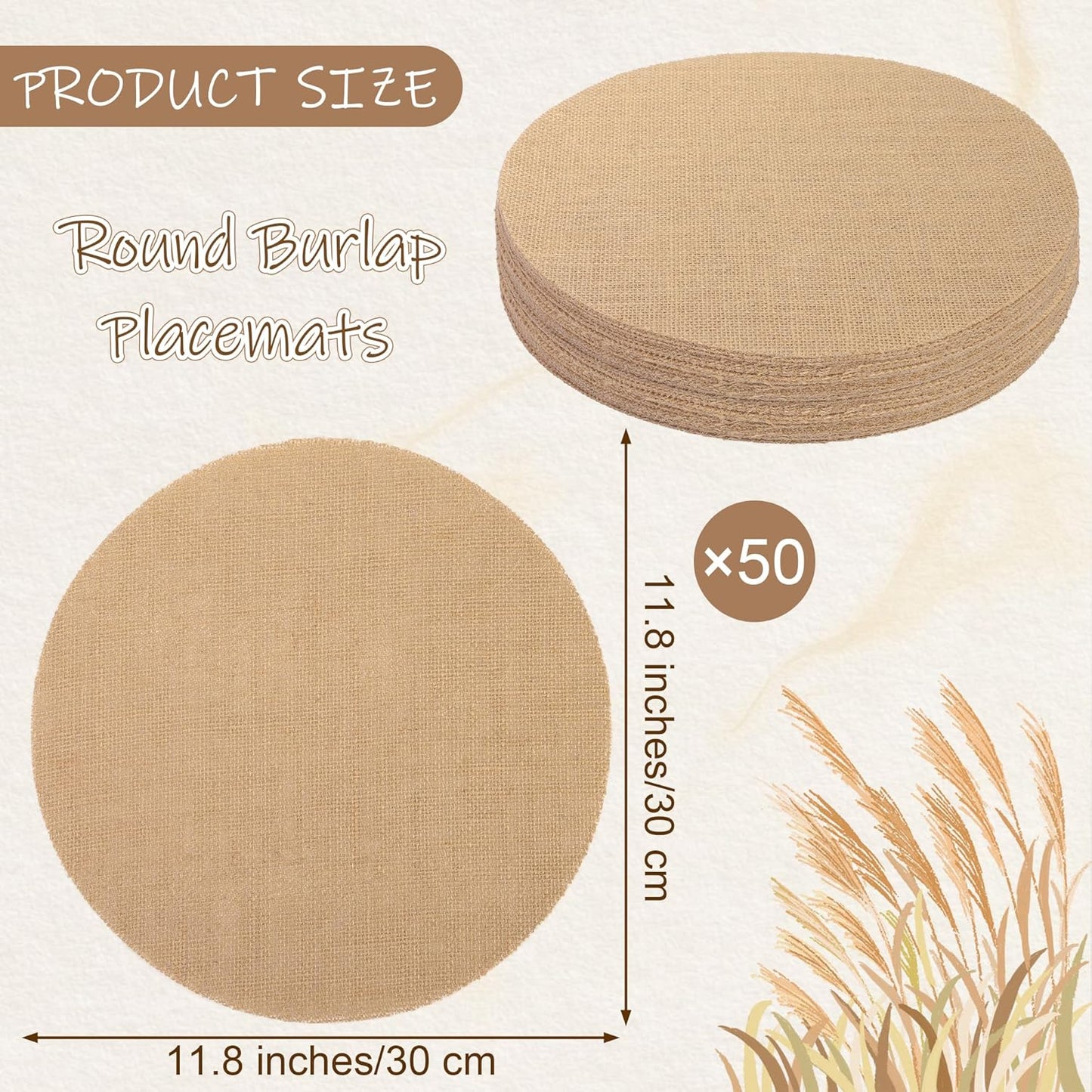Aneco 50 Pieces Round Burlap Placemats 11.8 Inch Reusable Brown Table Mats Heat Resistant Natural Jute Fibers Placemats Burlap Circle Rustic Table Decorations for Dinner Holiday Farmhouse Decor