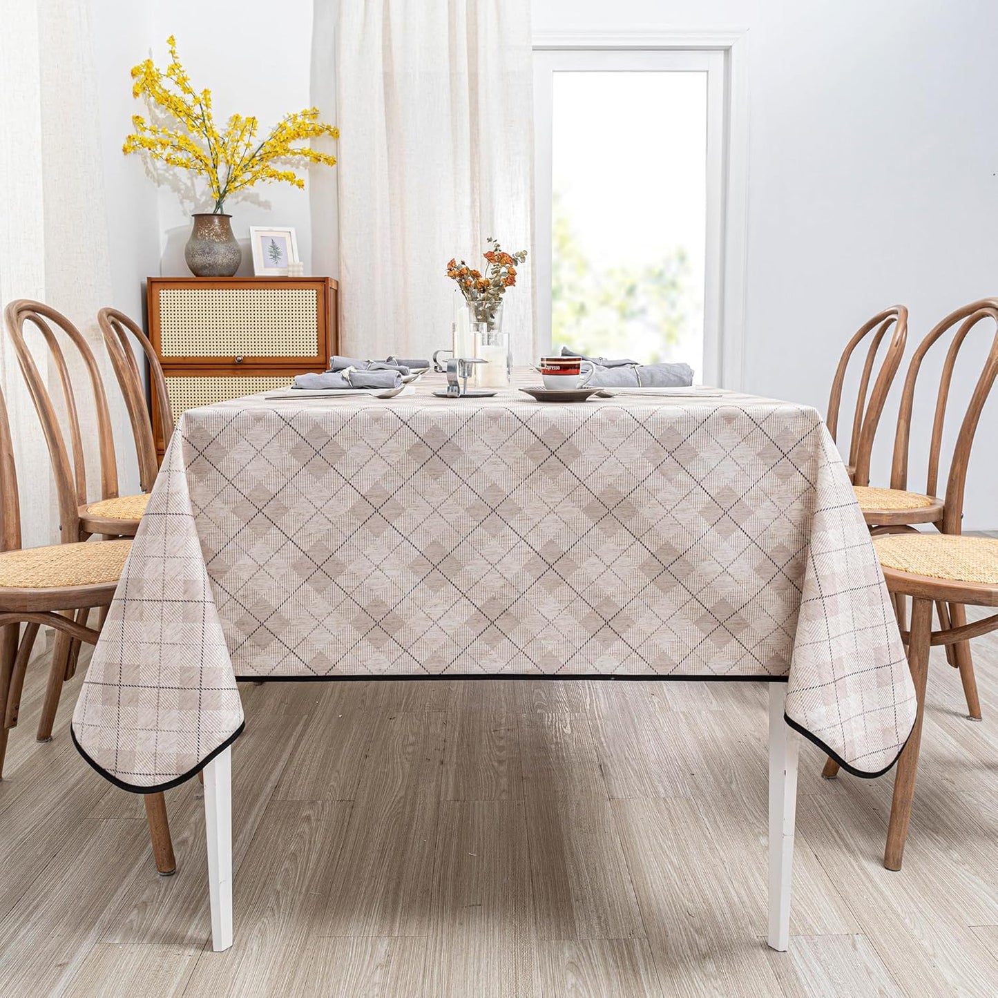 MYSKY HOME Table Cloth 60x84 in Rectangle Table, Heavy Duty Cotton Tassel Linen Look Waterproof Tablecloths Farmhouse Tablecloth, Wrinkle Free Table Cover with Beige Tassels for Kitchen Dining, Party