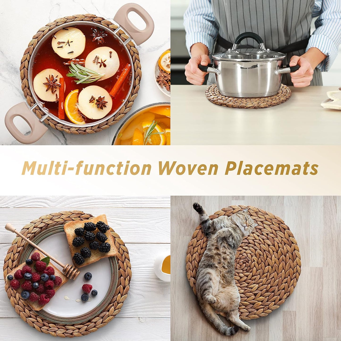 (Sizes:11.8"-13.5''-15") BLUEWEST Woven Placemats (Set of 10), Round Rattan Water Hyacinth Table Mats, Braided Durable & Heat-Resistant Design for Dining Table (11.8'')