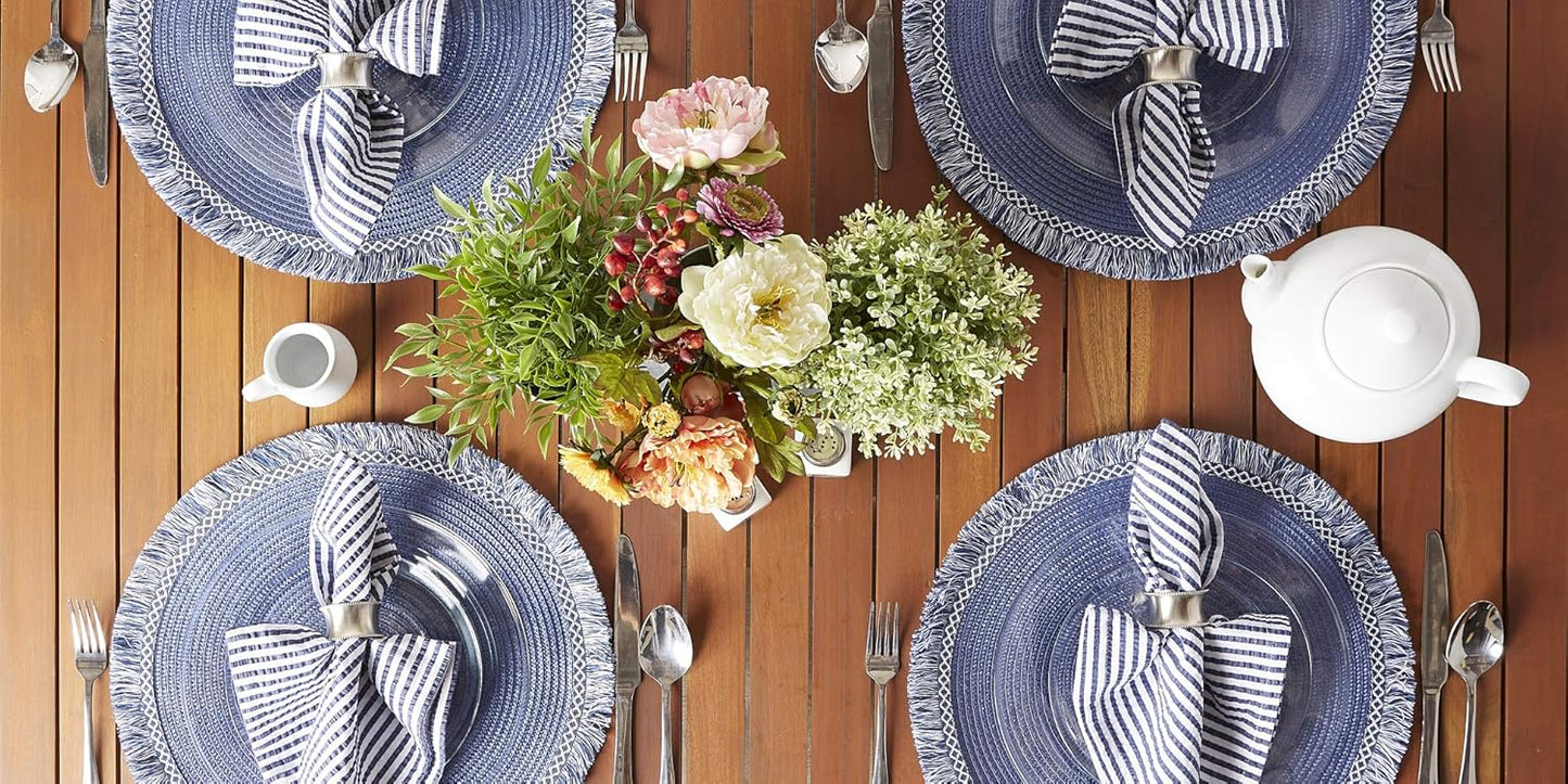 DII Woven Placemat Collection Round, 14.75" Diameter, Nautical Blue Fringe, 6 Piece