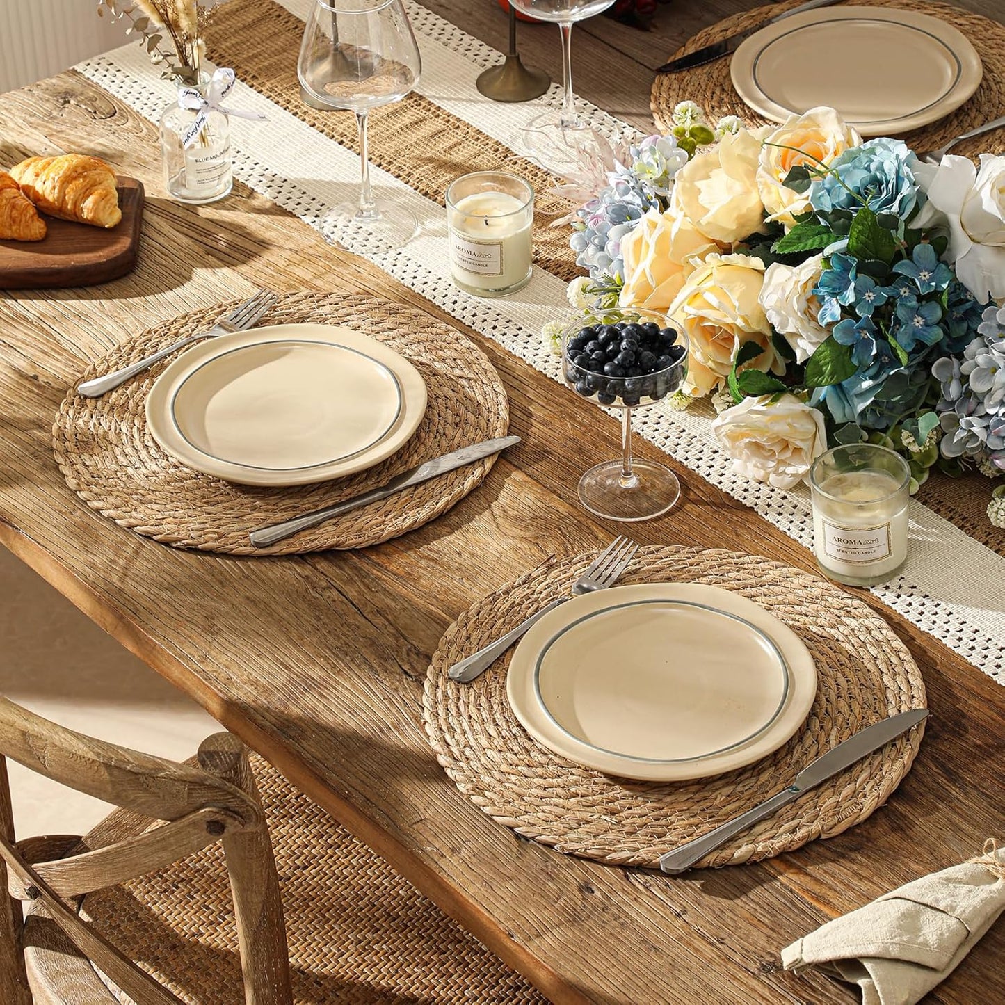 13.5'' Round Woven Placemats Set of 12, Boho Rattan Chargers for Dinner Plates, Rustic Wicker Place Mats, Straw Braided Table Placemats, for Dining Table, Wedding, Farmhouse, Outdoor and Christmas