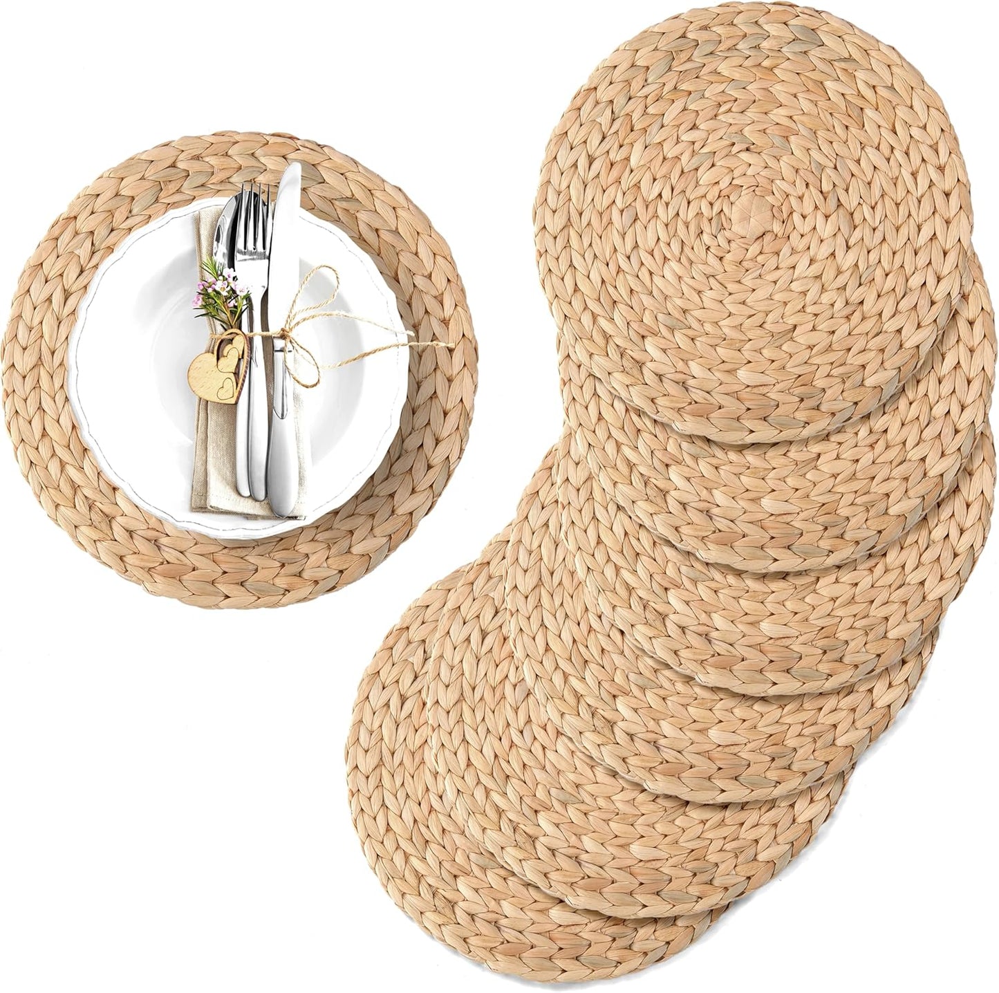 13.8" Corn Husk Woven Round Placemats Set of 6 - Wicker Boho Farmhouse Placemats - Rattan Table Mats for Dining Table, Wedding, Home