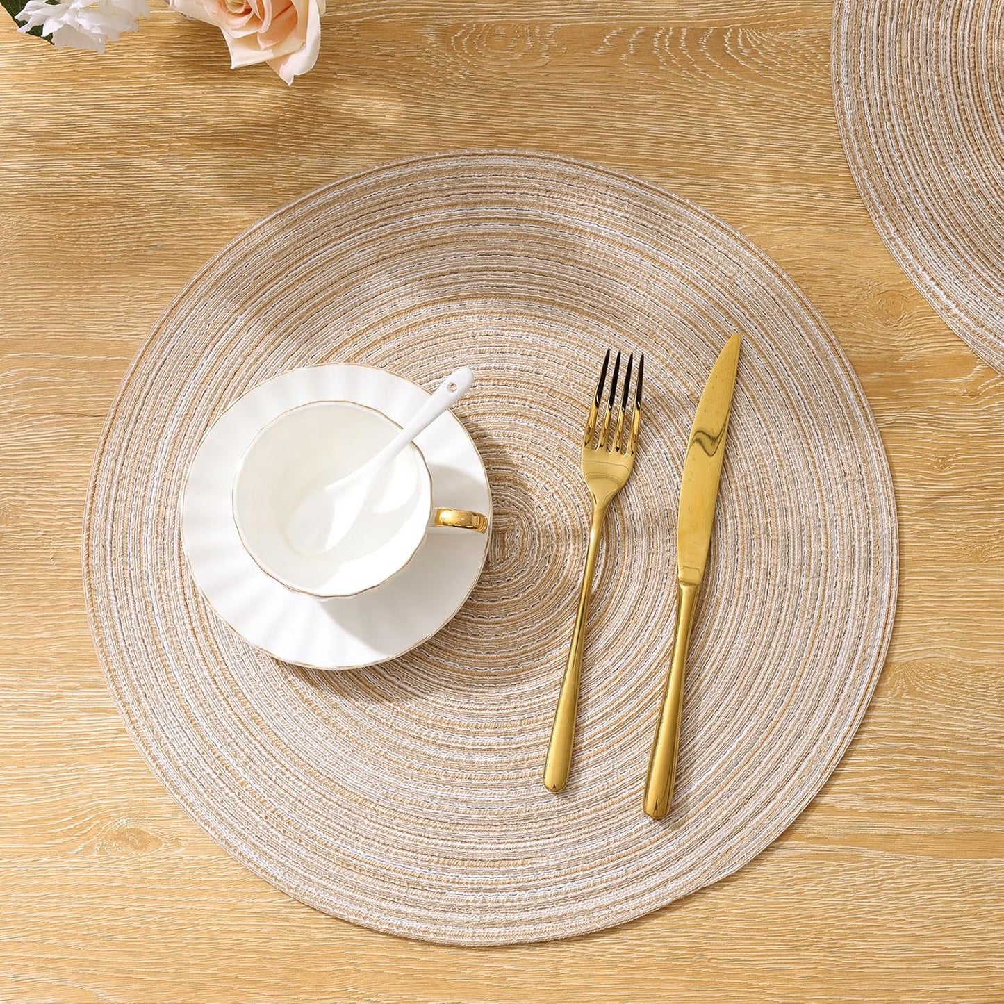 SHACOS 15 inch Beige Round Placemats Set of 12 for Dining Table Woven Braided Circle Place Mats Kitchen Placemat Washable Table Mats