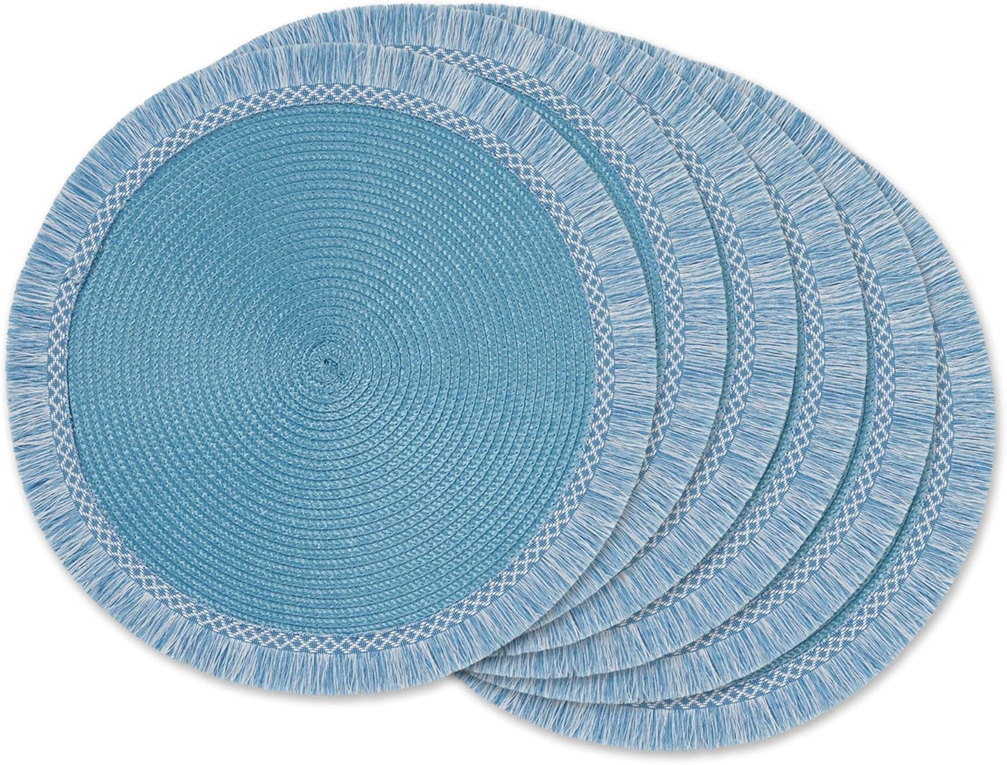 DII Woven Placemat Collection Round, 14.75" Diameter, Nautical Blue Fringe, 6 Piece