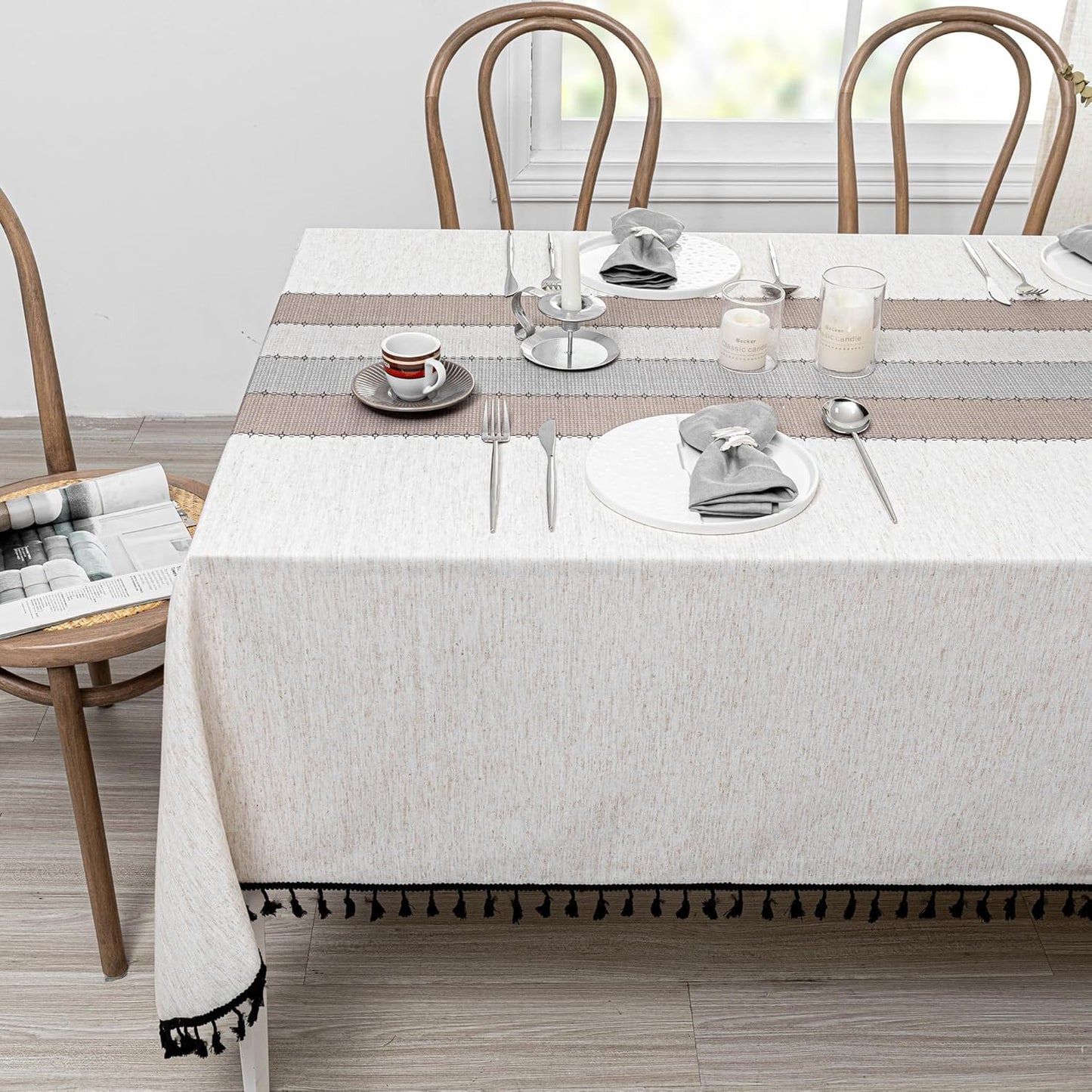 MYSKY HOME Table Cloth 60x84 in Rectangle Table, Heavy Duty Cotton Tassel Linen Look Waterproof Tablecloths Farmhouse Tablecloth, Wrinkle Free Table Cover with Beige Tassels for Kitchen Dining, Party