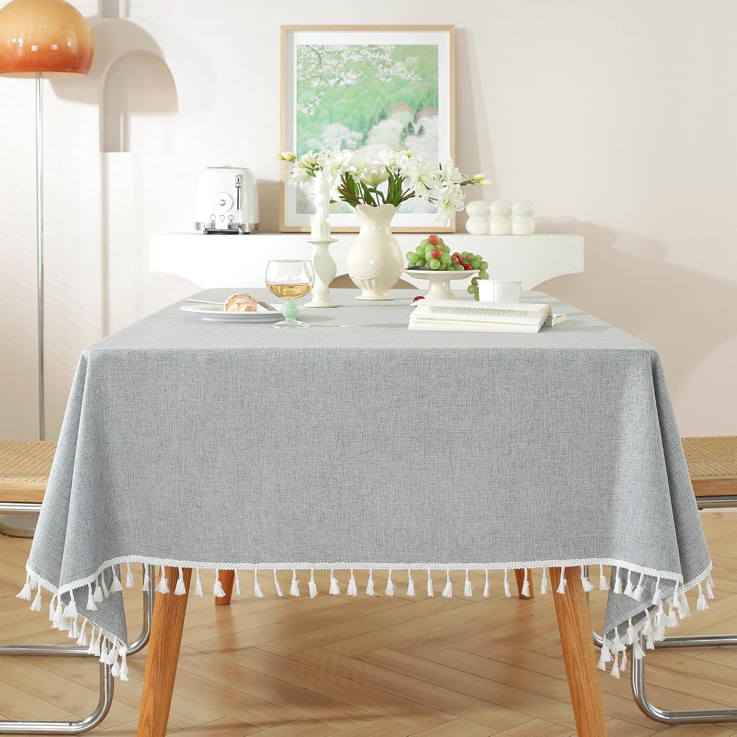 Oubonun Cotton Linen Rectangular Tablecloth - Wrinkle Resistant & Waterproof - Machine Washable Table Cloth with Tassels for Kitchen & Dining, 55''x86'', 6-8 Seats, Grey