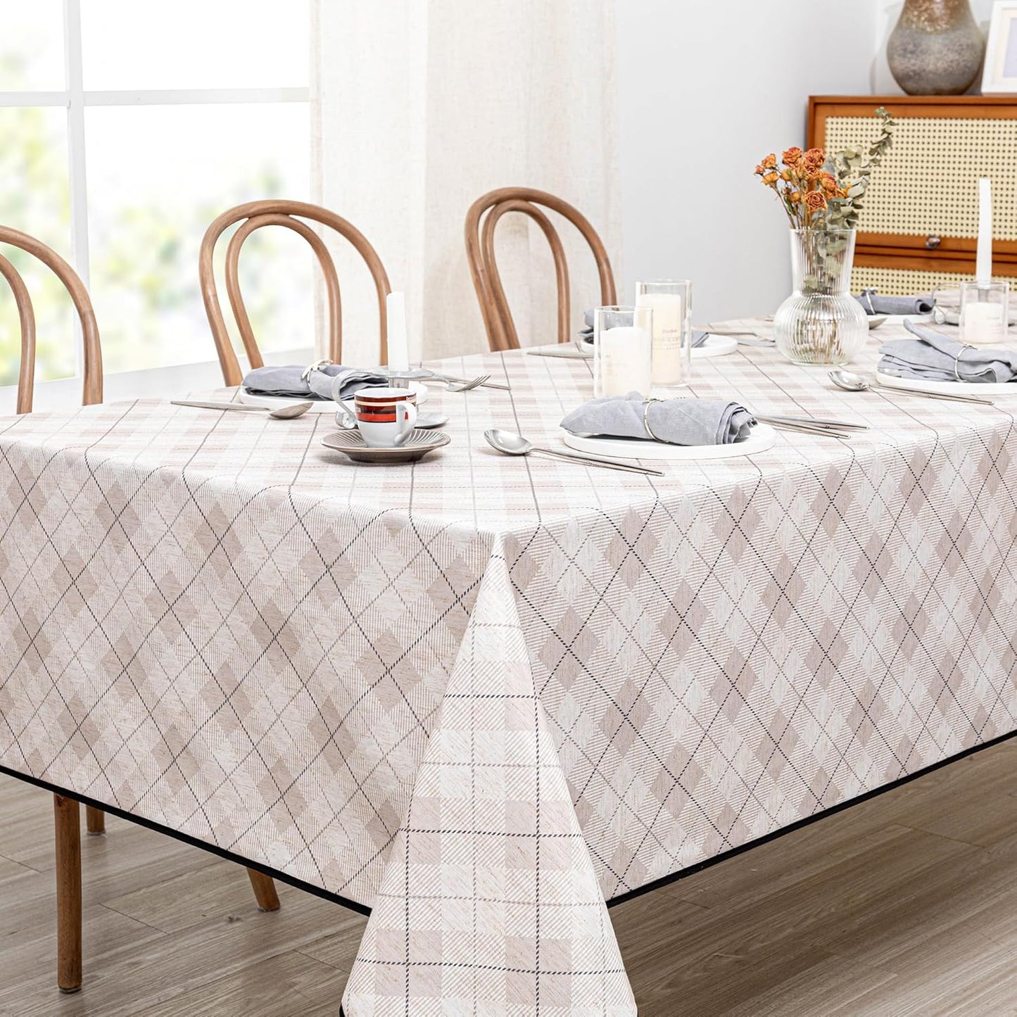 MYSKY HOME Table Cloth 60x84 in Rectangle Table, Heavy Duty Cotton Tassel Linen Look Waterproof Tablecloths Farmhouse Tablecloth, Wrinkle Free Table Cover with Beige Tassels for Kitchen Dining, Party