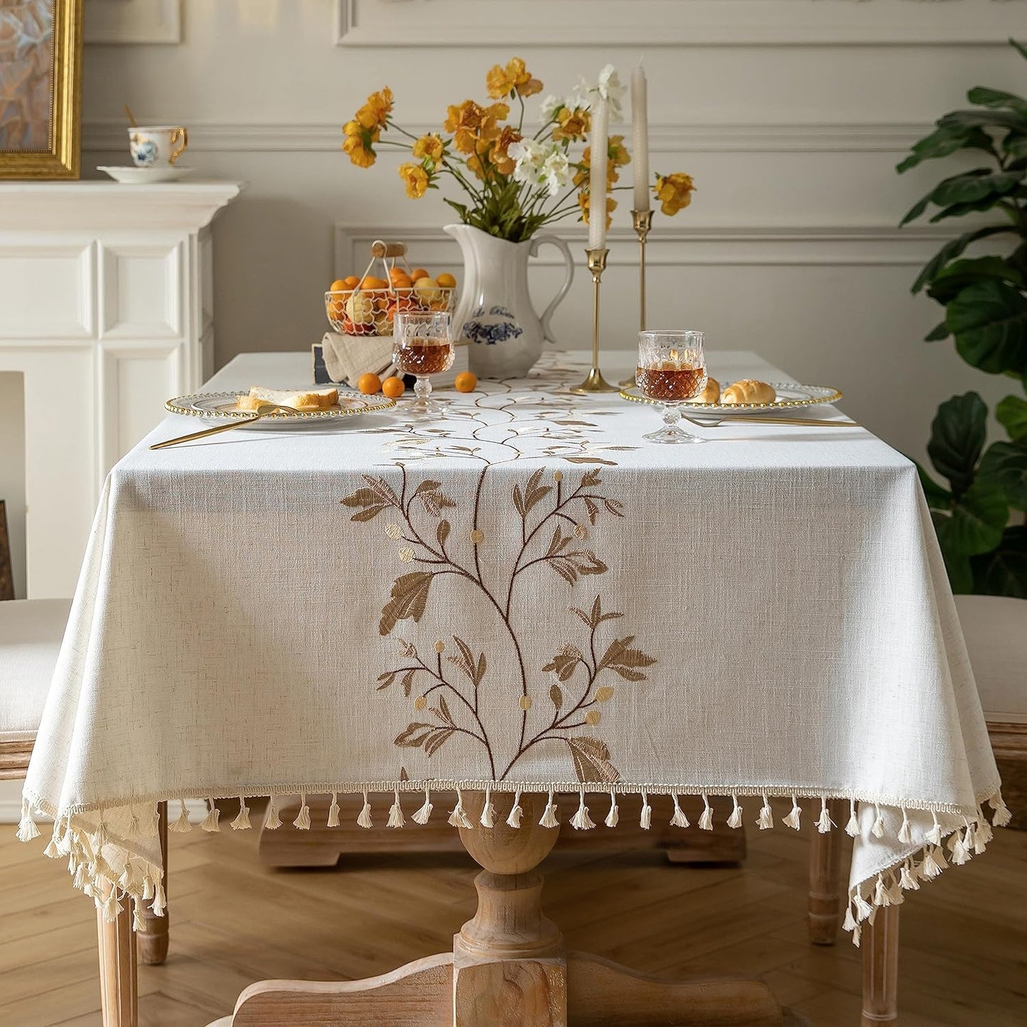 Oubonun Cotton Linen Rectangular Tablecloth - Wrinkle Resistant & Waterproof - Machine Washable Table Cloth with Tassels for Kitchen & Dining, 55''x86'', 6-8 Seats, Grey